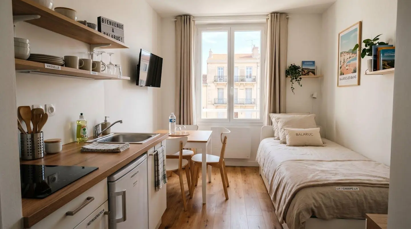 Intérieur d'un studio meublé de tourisme de 20 m² à Balaruc-les-Bains avec coin cuisine équipé, lit et table, décoration épurée tons clairs et lumière naturelle