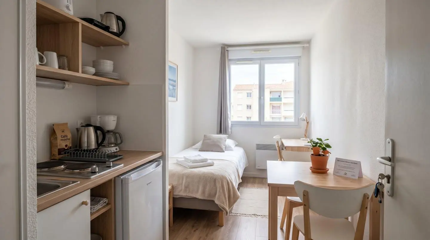 Intérieur d'un studio meublé de tourisme de 20 m² à Balaruc-les-Bains avec coin cuisine équipé, lit et table, décoration épurée tons clairs et lumière naturelle