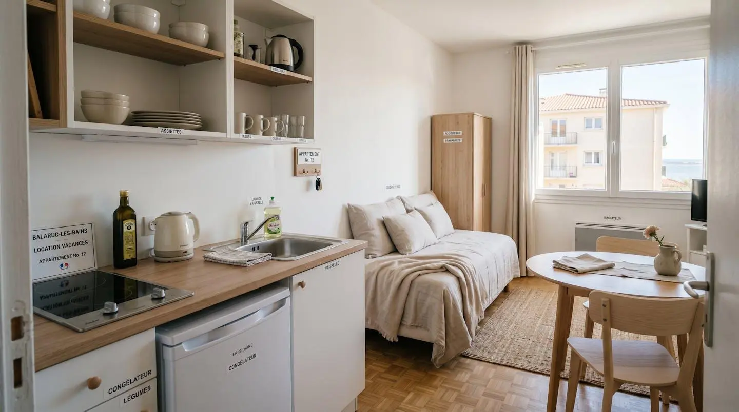 Intérieur d'un studio meublé de tourisme de 20 m² à Balaruc-les-Bains avec coin cuisine équipé, lit et table, décoration épurée tons clairs et lumière naturelle