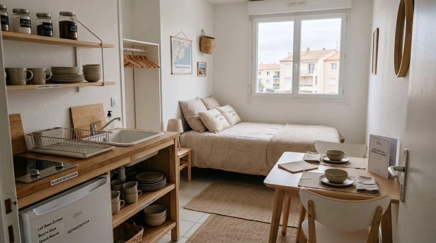 Intérieur d'un studio meublé de tourisme de 20 m² à Balaruc-les-Bains avec coin cuisine équipé, lit et table, décoration épurée tons clairs et lumière naturelle