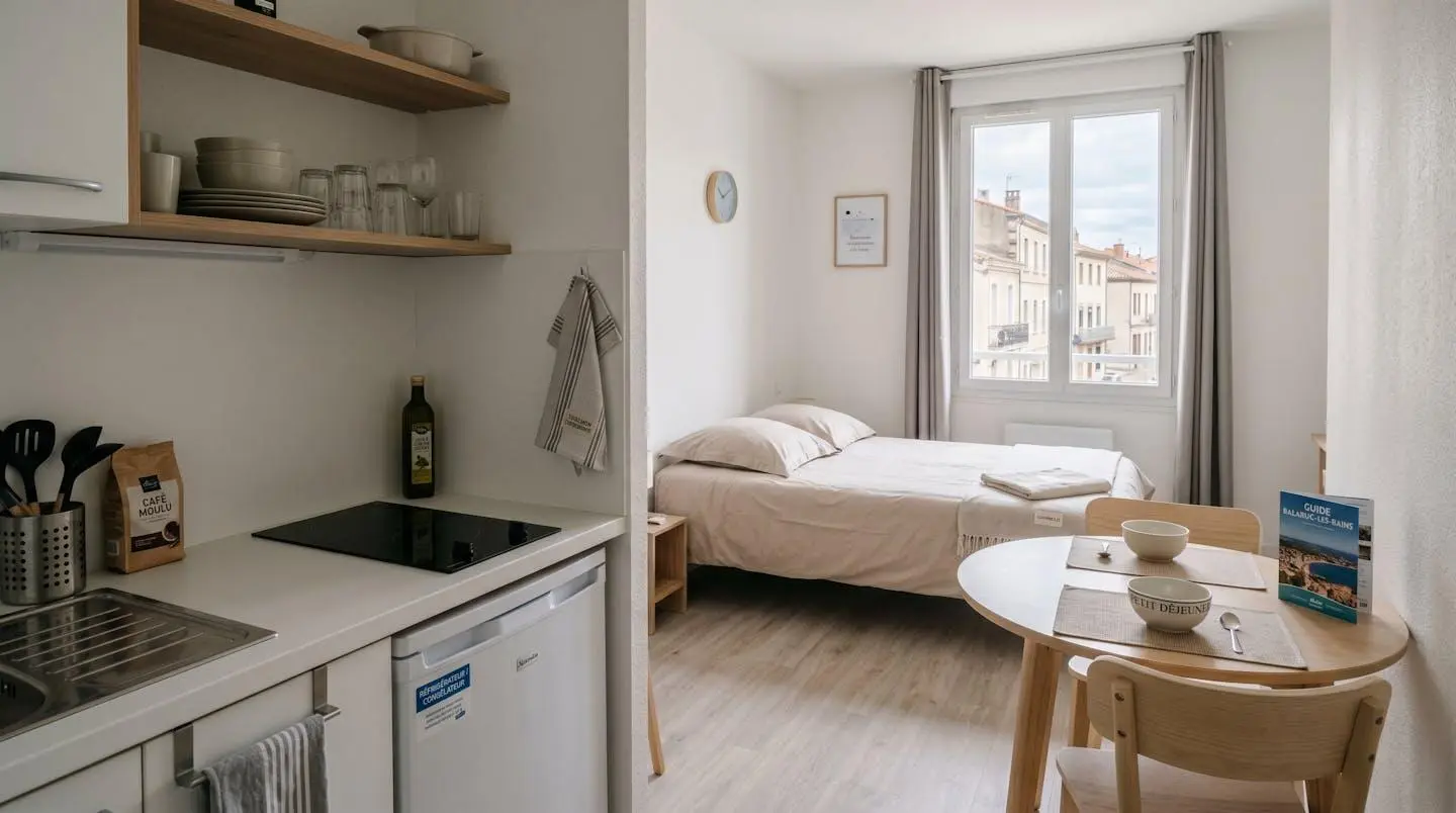 Intérieur d'un studio meublé de tourisme de 20 m² à Balaruc-les-Bains avec coin cuisine équipé, lit et table, décoration épurée tons clairs et lumière naturelle
