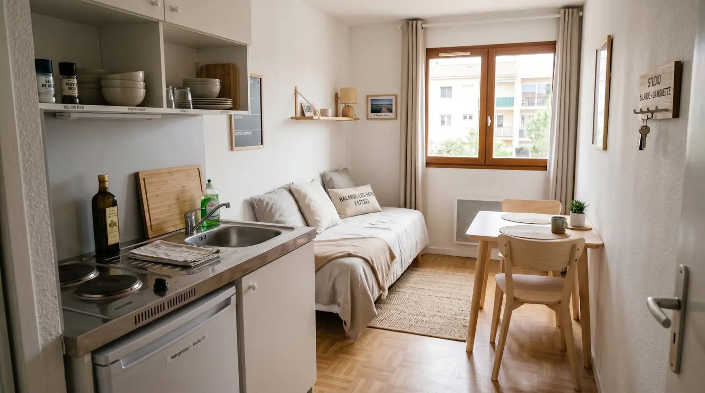 Intérieur d'un studio meublé de tourisme de 20 m² à Balaruc-les-Bains avec coin cuisine équipé, lit et table, décoration épurée tons clairs et lumière naturelle