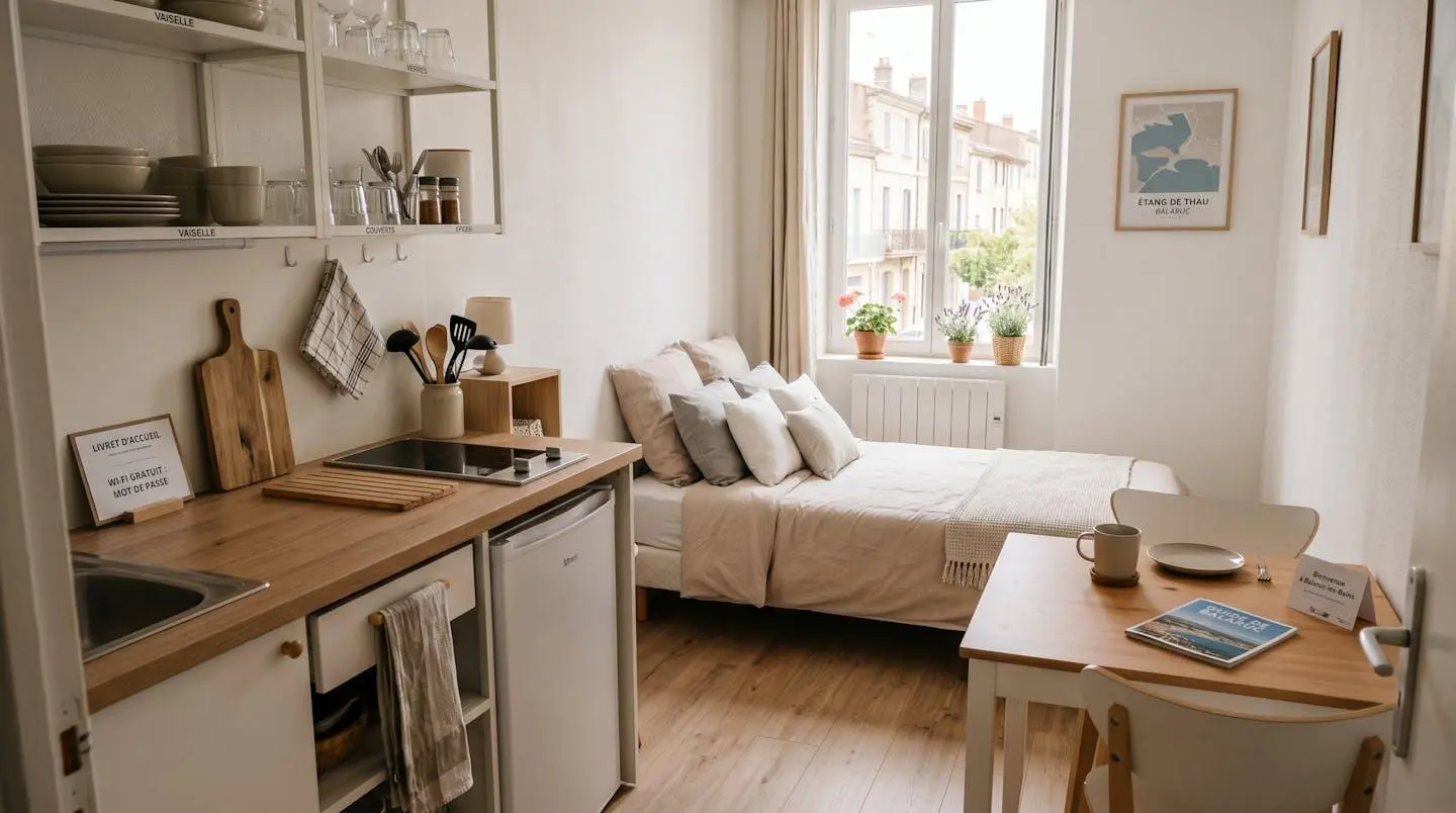 Intérieur d'un studio meublé de tourisme de 20 m² à Balaruc-les-Bains avec coin cuisine équipé, lit et table, décoration épurée tons clairs et lumière naturelle