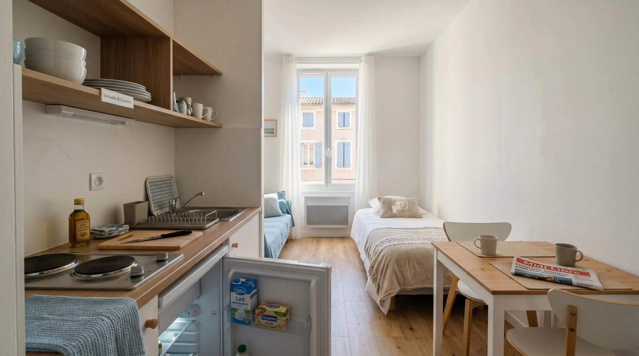 Intérieur d'un studio meublé de tourisme de 20 m² à Balaruc-les-Bains avec coin cuisine équipé, lit et table, décoration épurée tons clairs et lumière naturelle