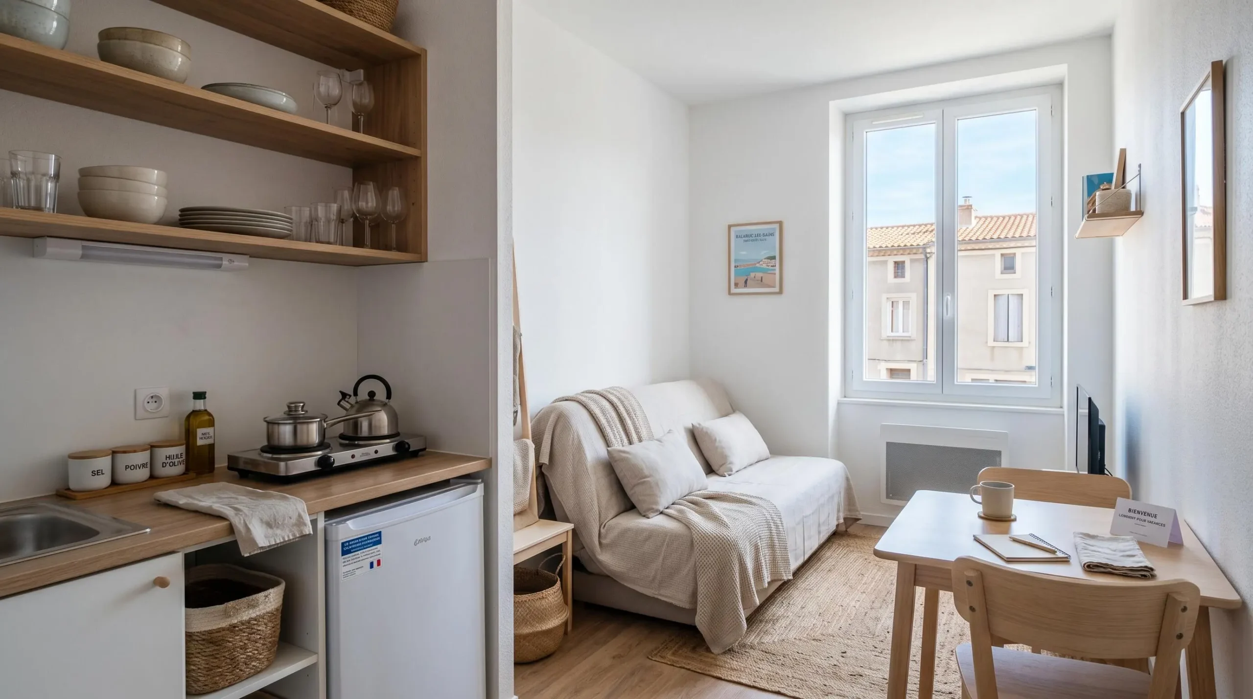 Intérieur d'un studio meublé de tourisme de 20 m² à Balaruc-les-Bains avec coin cuisine équipé, lit et table, décoration épurée tons clairs et lumière naturelle