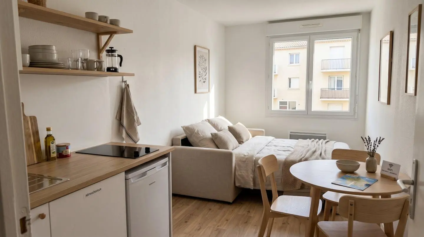 Intérieur d'un studio meublé de tourisme de 20 m² à Balaruc-les-Bains avec coin cuisine équipé, lit et table, décoration épurée tons clairs et lumière naturelle