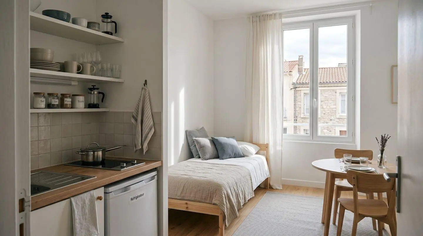 Intérieur d'un studio meublé de tourisme de 20 m² à Balaruc-les-Bains avec coin cuisine équipé, lit et table, décoration épurée tons clairs et lumière naturelle