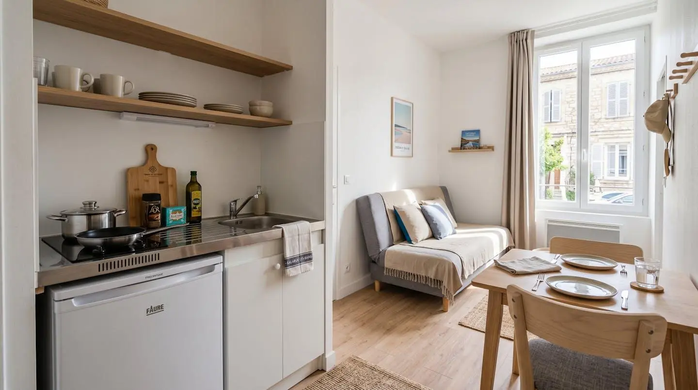 Intérieur d'un studio meublé de tourisme de 20 m² à Balaruc-les-Bains avec coin cuisine équipé, lit et table, décoration épurée tons clairs et lumière naturelle