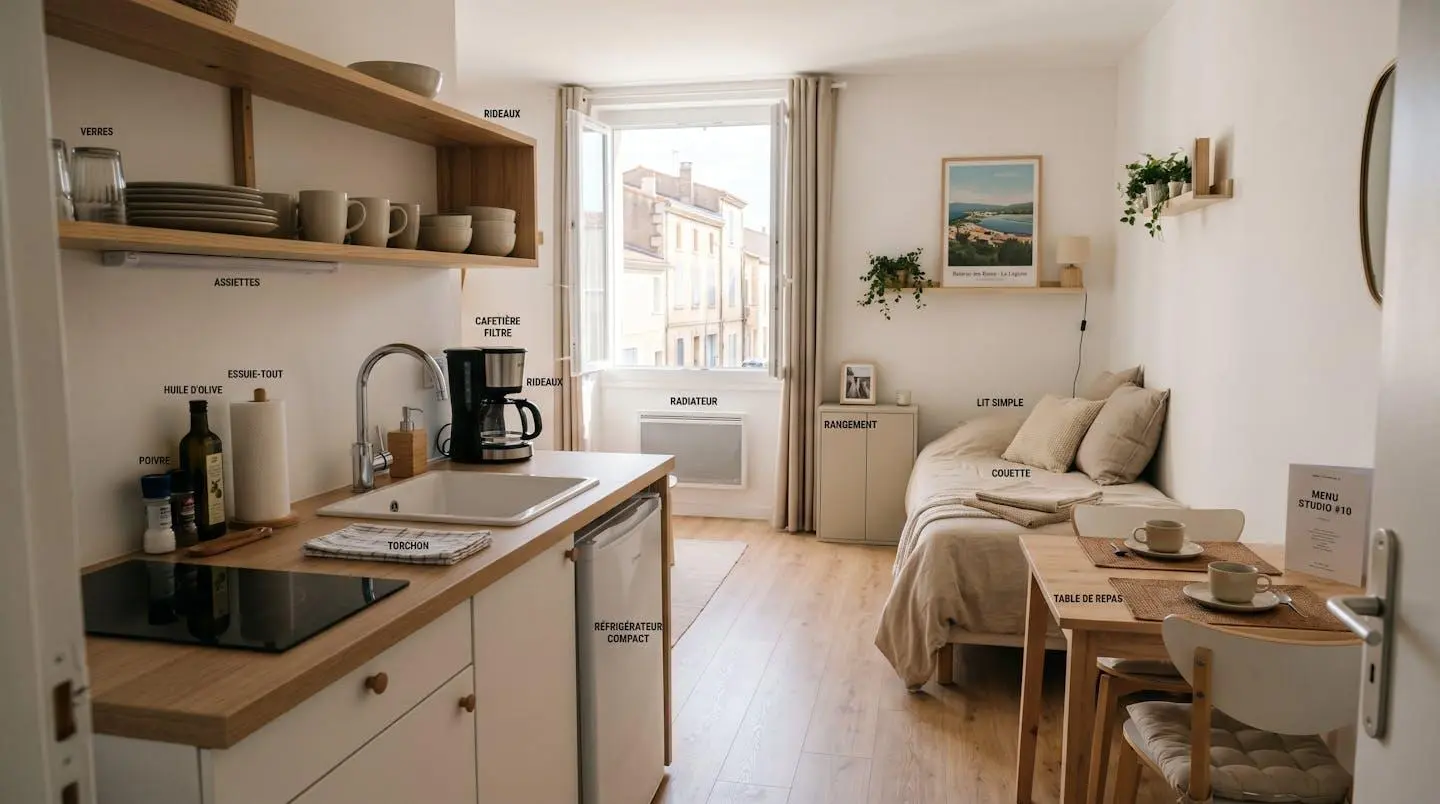 Intérieur d'un studio meublé de tourisme de 20 m² à Balaruc-les-Bains avec coin cuisine équipé, lit et table, décoration épurée tons clairs et lumière naturelle