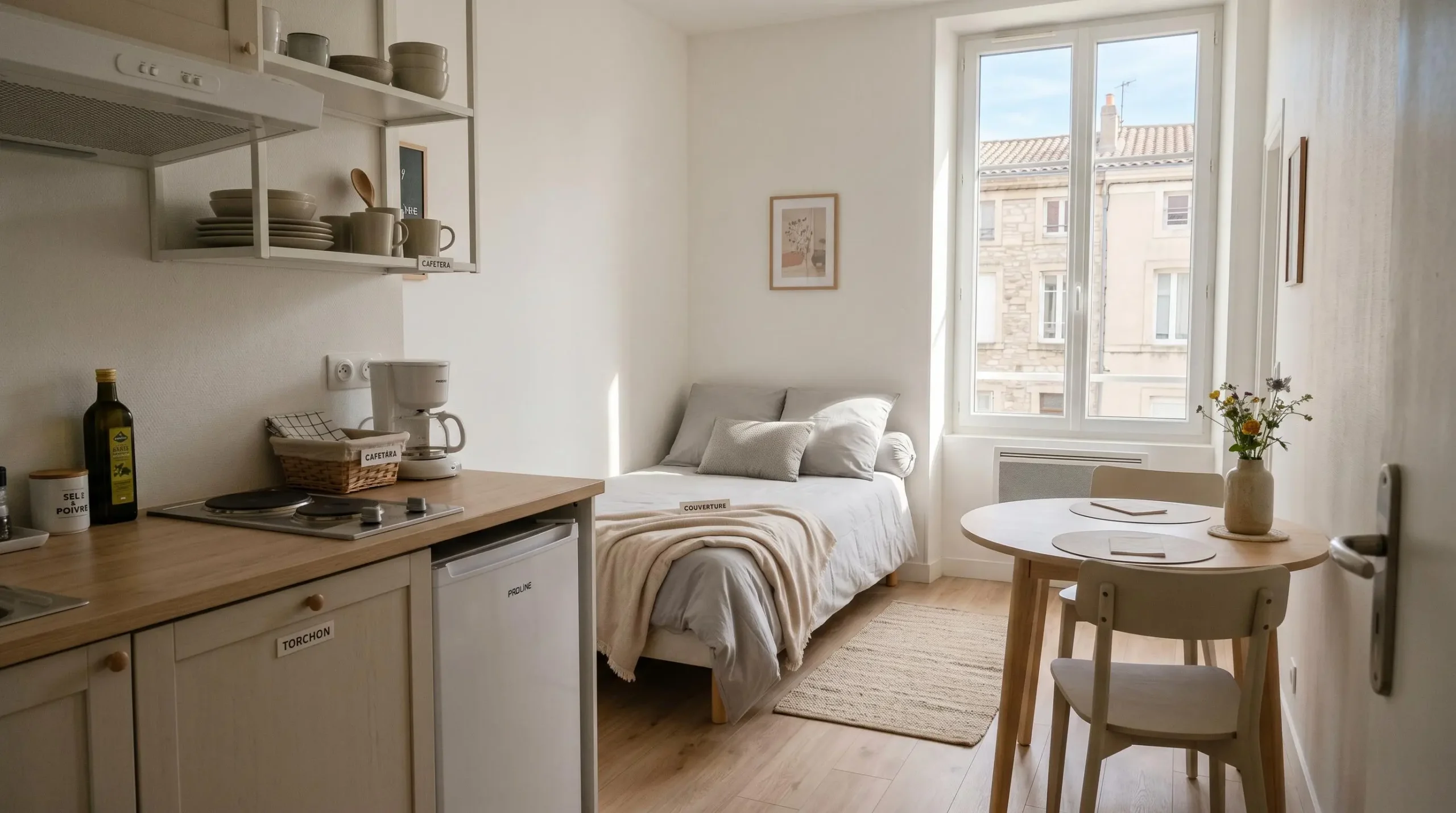 Intérieur d'un studio meublé de tourisme de 20 m² à Balaruc-les-Bains avec coin cuisine équipé, lit et table, décoration épurée tons clairs et lumière naturelle
