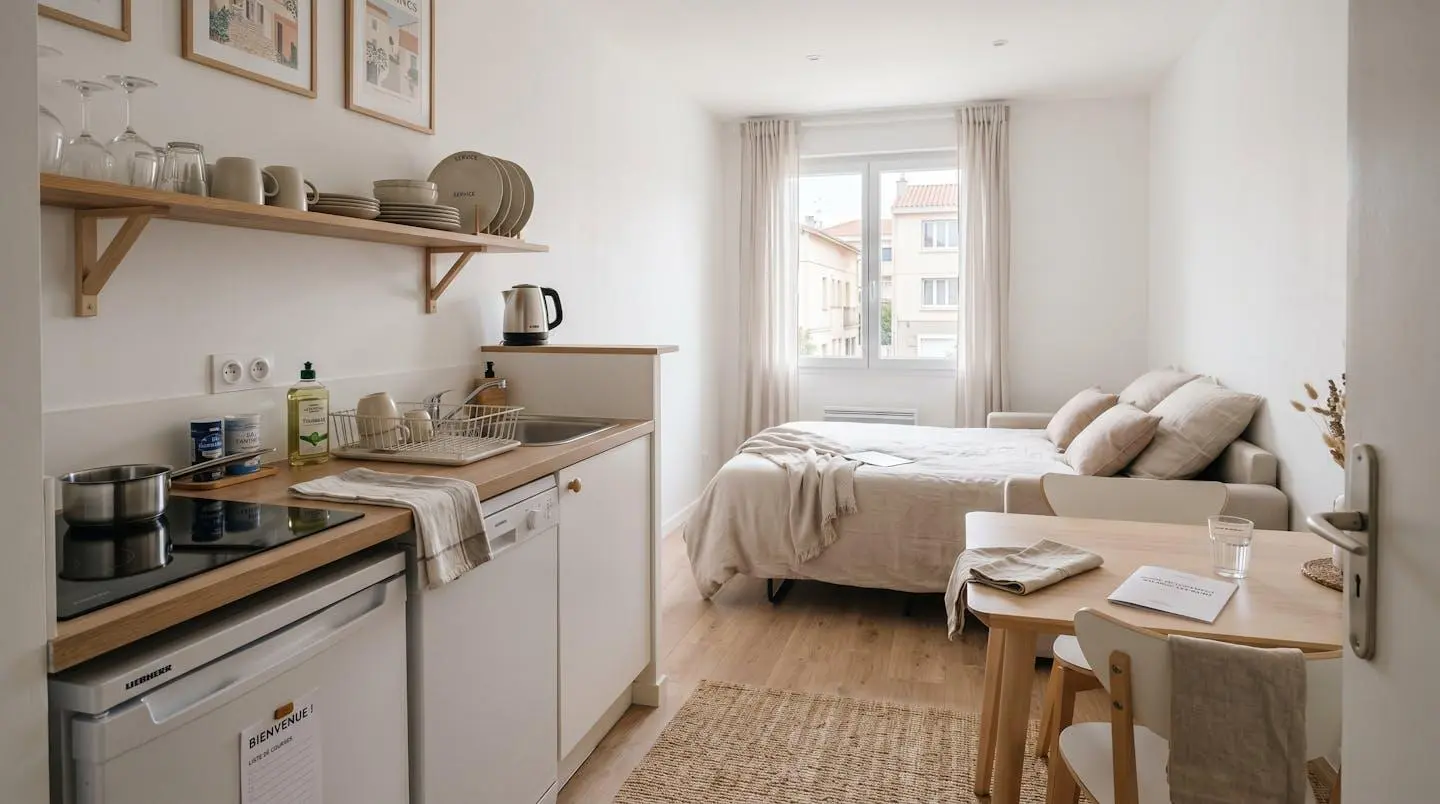Intérieur d'un studio meublé de tourisme de 20 m² à Balaruc-les-Bains avec coin cuisine équipé, lit et table, décoration épurée tons clairs et lumière naturelle
