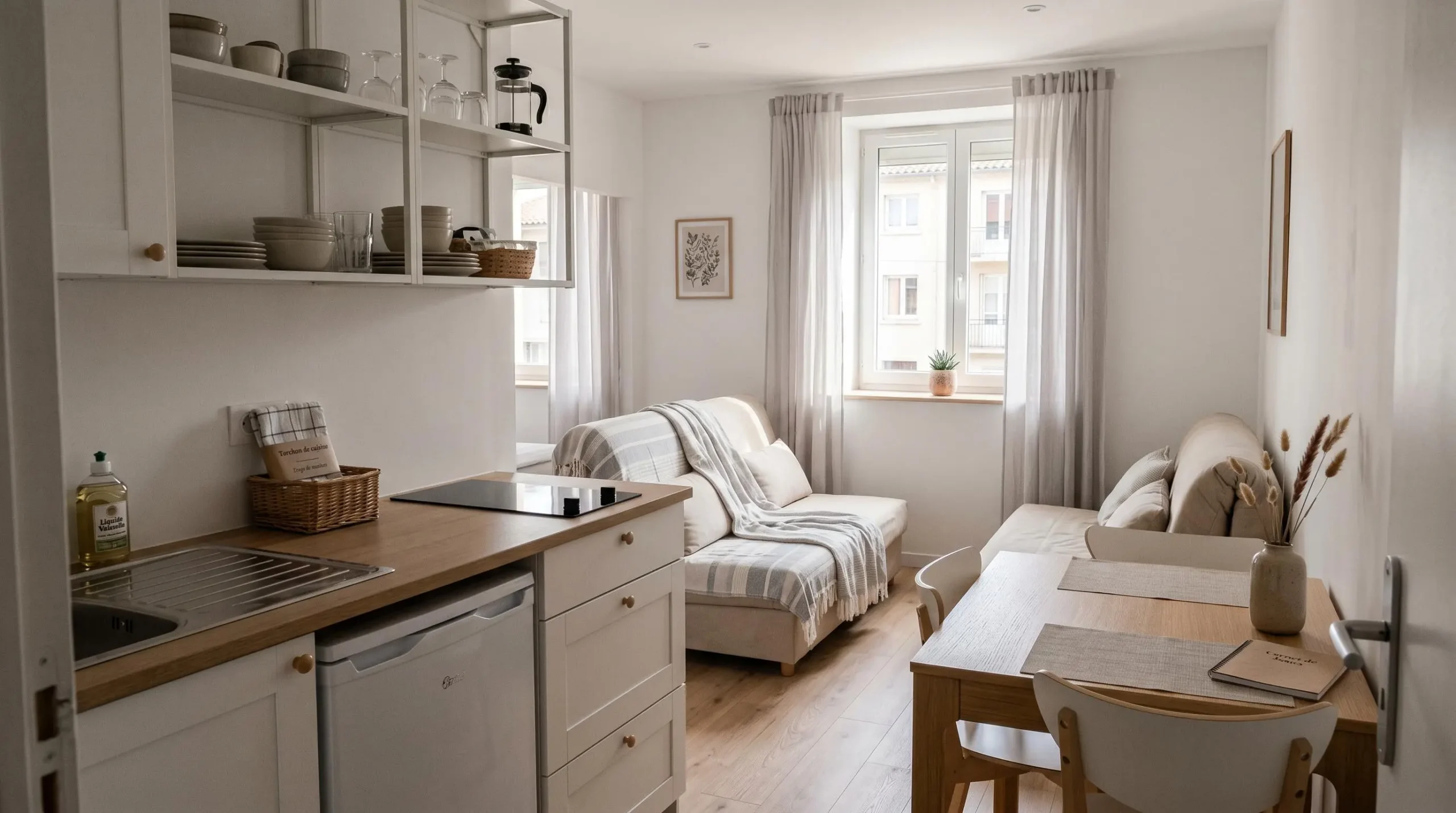 Intérieur d'un studio meublé de tourisme de 20 m² à Balaruc-les-Bains avec coin cuisine équipé, lit et table, décoration épurée tons clairs et lumière naturelle