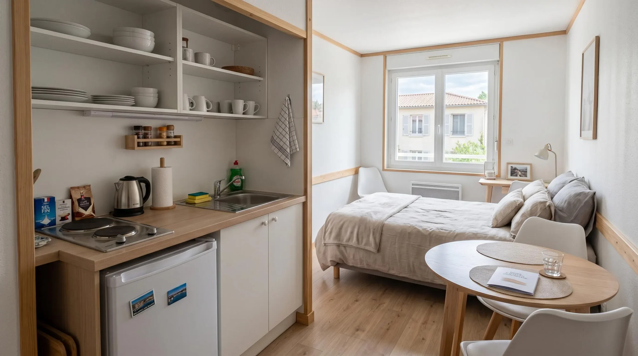 Intérieur d'un studio meublé de tourisme de 20 m² à Balaruc-les-Bains avec coin cuisine équipé, lit et table, décoration épurée tons clairs et lumière naturelle