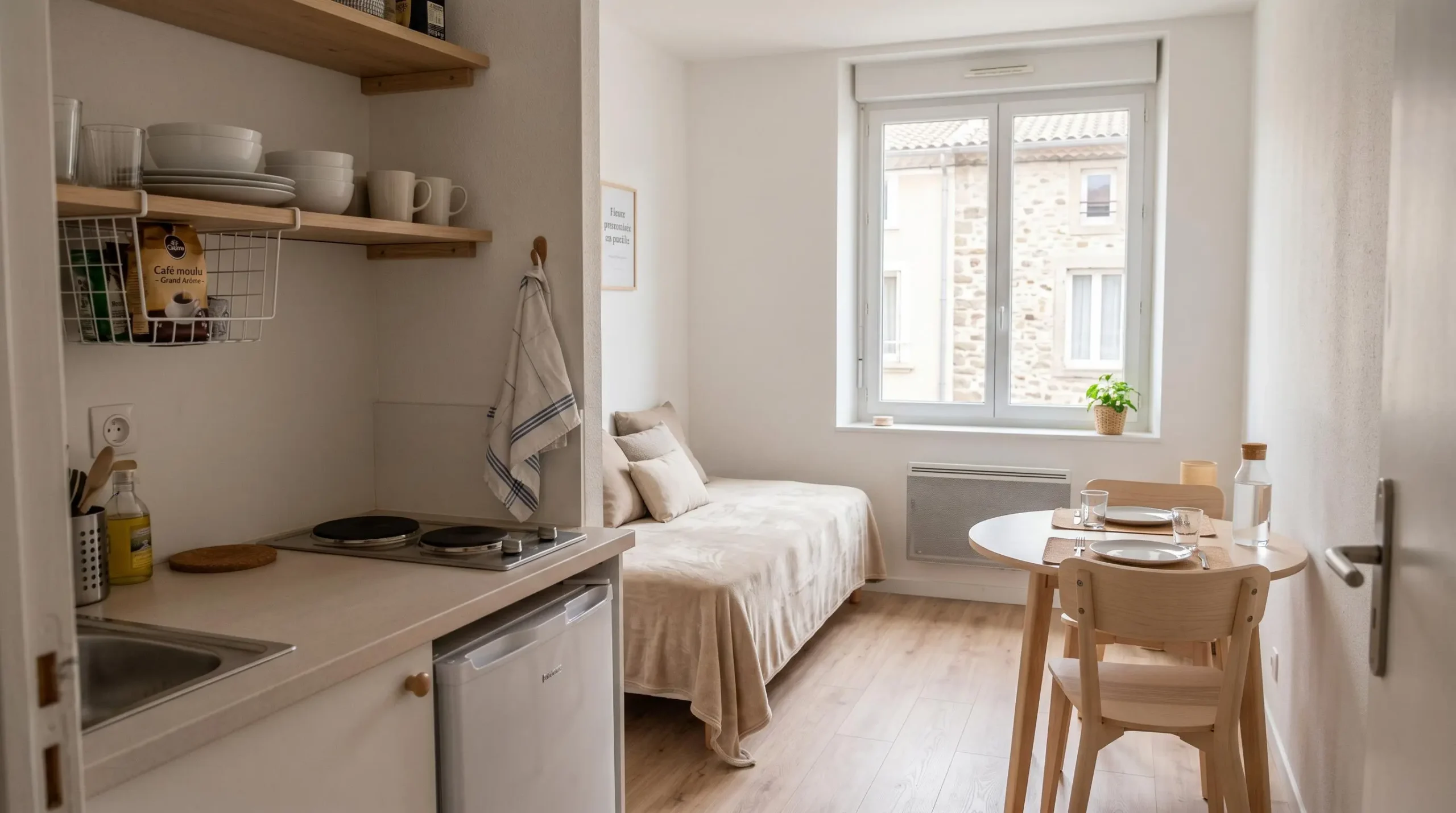 Intérieur d'un studio meublé de tourisme de 20 m² à Balaruc-les-Bains avec coin cuisine équipé, lit et table, décoration épurée tons clairs et lumière naturelle