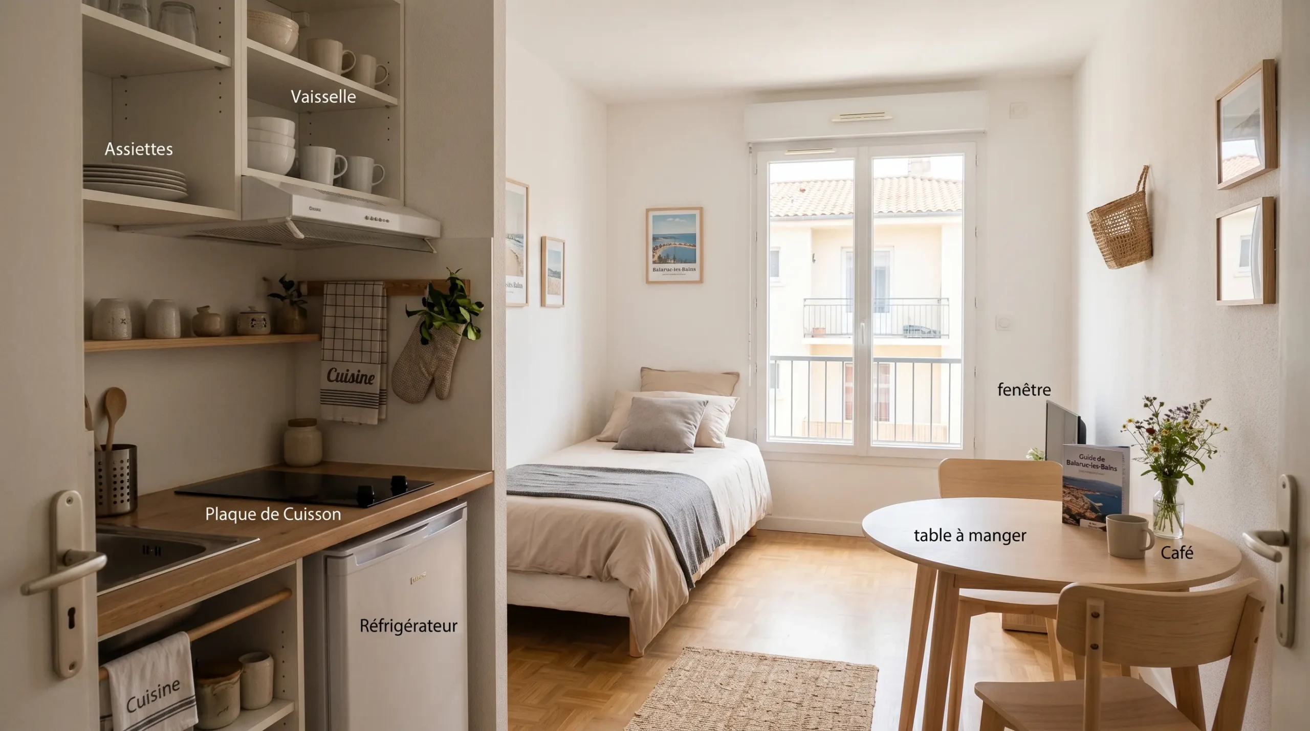 Intérieur d'un studio meublé de tourisme de 20 m² à Balaruc-les-Bains avec coin cuisine équipé, lit et table, décoration épurée tons clairs et lumière naturelle