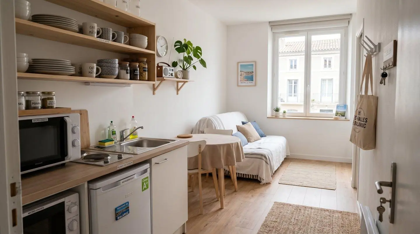 Intérieur d'un studio meublé de tourisme de 20 m² à Balaruc-les-Bains avec coin cuisine équipé, lit et table, décoration épurée tons clairs et lumière naturelle