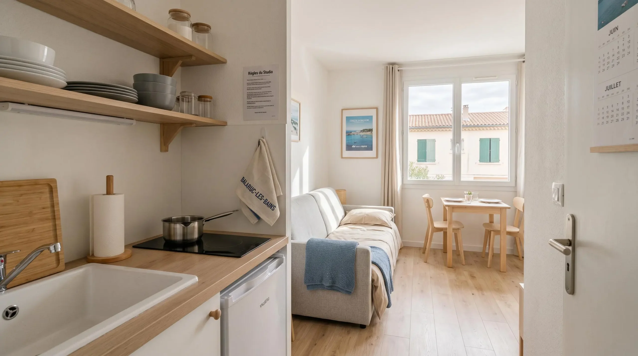 Intérieur d'un studio meublé de tourisme de 20 m² à Balaruc-les-Bains avec coin cuisine équipé, lit et table, décoration épurée tons clairs et lumière naturelle