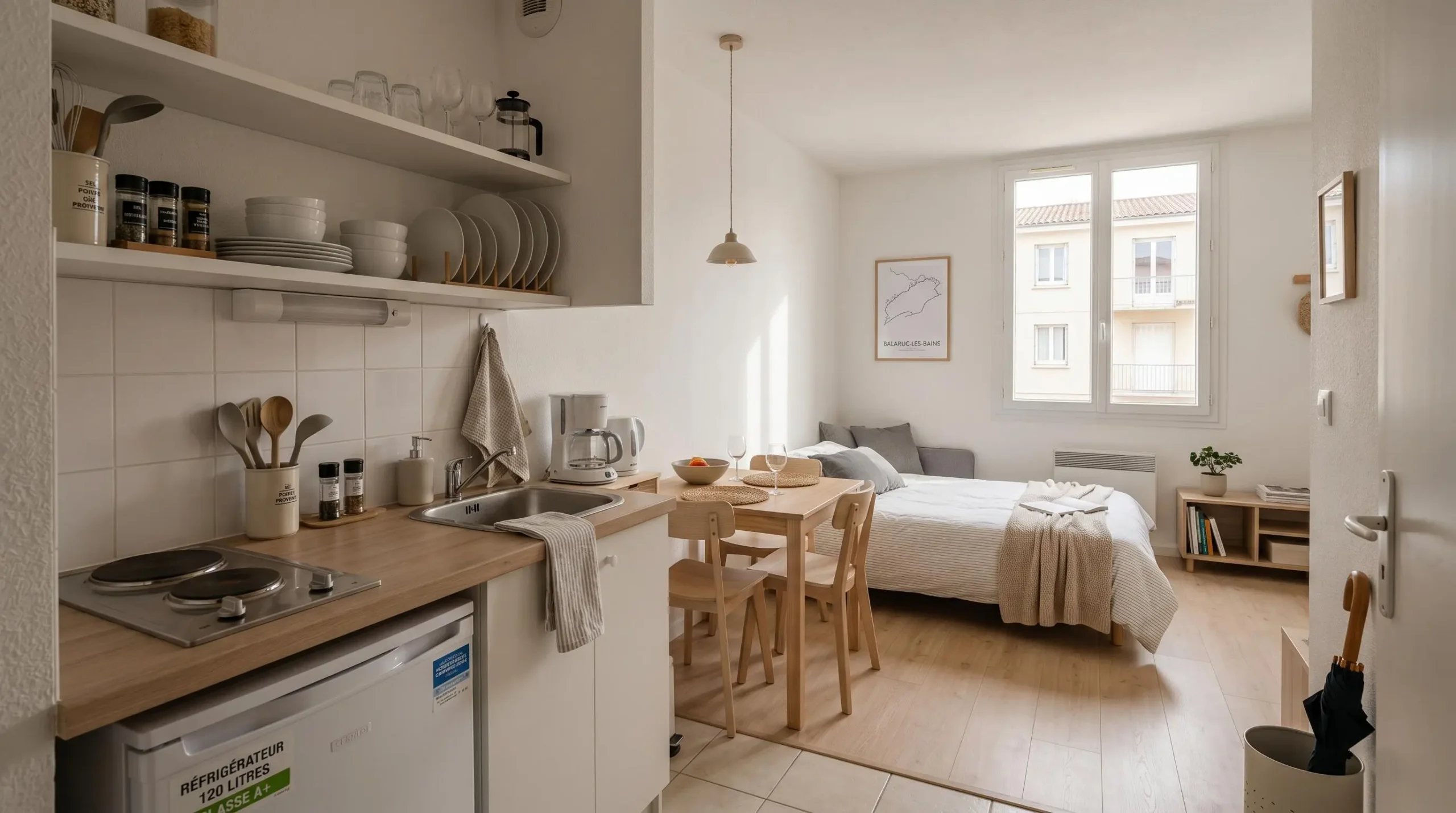 Intérieur d'un studio meublé de tourisme de 20 m² à Balaruc-les-Bains avec coin cuisine équipé, lit et table, décoration épurée tons clairs et lumière naturelle