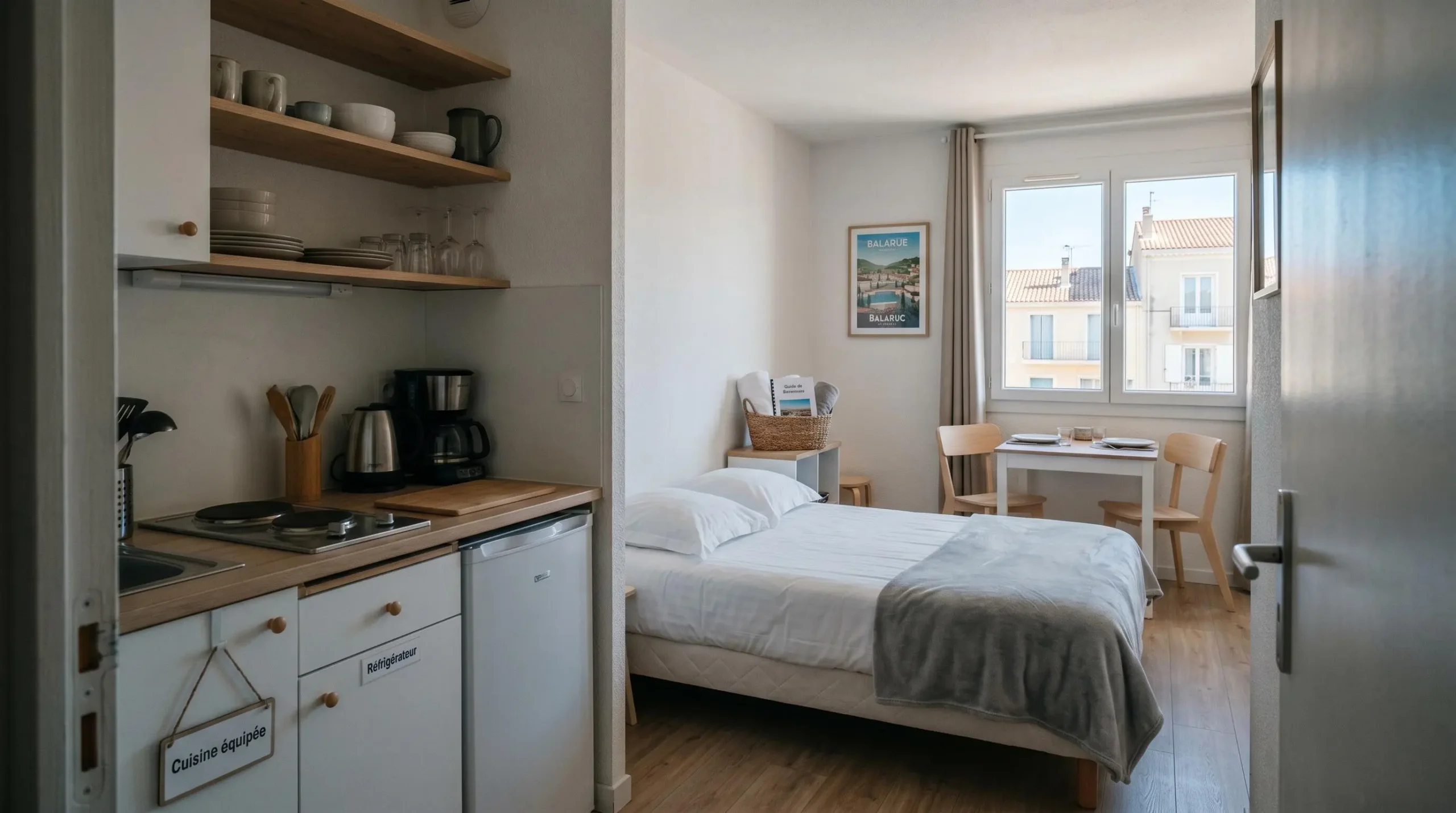Intérieur d'un studio meublé de tourisme de 20 m² à Balaruc-les-Bains avec coin cuisine équipé, lit et table, décoration épurée tons clairs et lumière naturelle