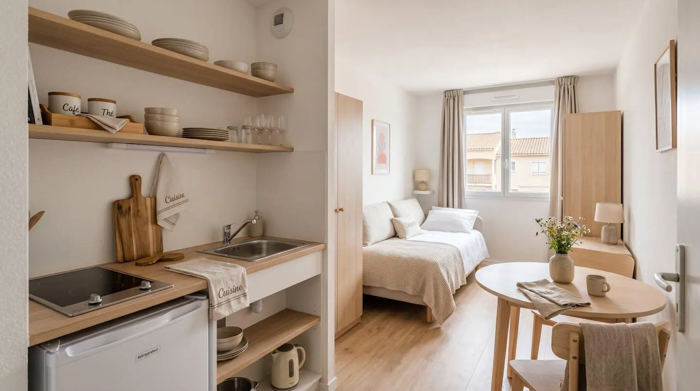 Intérieur d'un studio meublé de tourisme de 20 m² à Balaruc-les-Bains avec coin cuisine équipé, lit et table, décoration épurée tons clairs et lumière naturelle