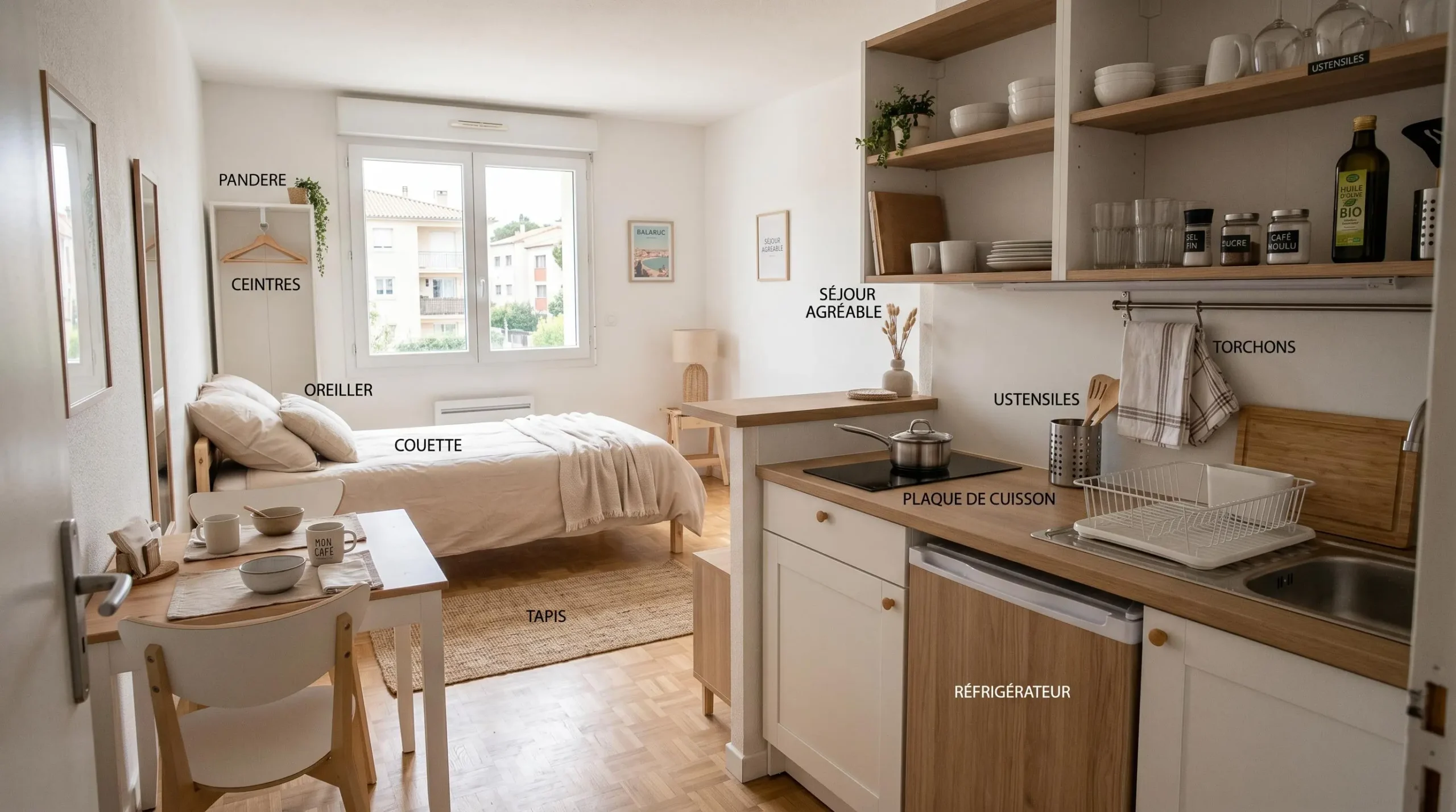 Intérieur d'un studio meublé de tourisme de 20 m² à Balaruc-les-Bains avec coin cuisine équipé, lit et table, décoration épurée tons clairs et lumière naturelle