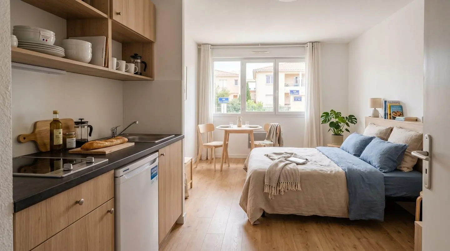 Intérieur d'un studio meublé de tourisme de 20 m² à Balaruc-les-Bains avec coin cuisine équipé, lit et table, décoration épurée tons clairs et lumière naturelle