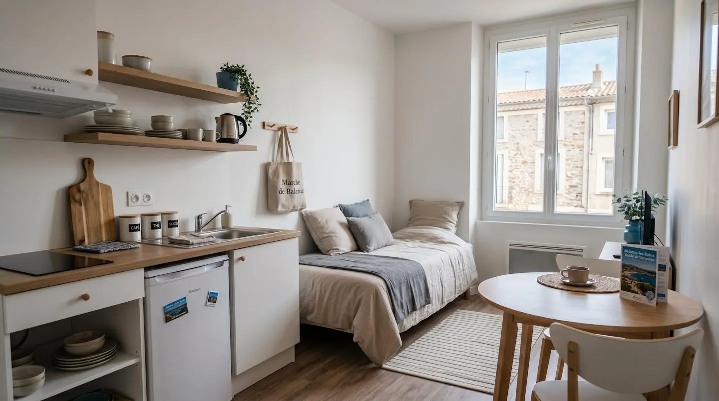 Intérieur d'un studio meublé de tourisme de 20 m² à Balaruc-les-Bains avec coin cuisine équipé, lit et table, décoration épurée tons clairs et lumière naturelle