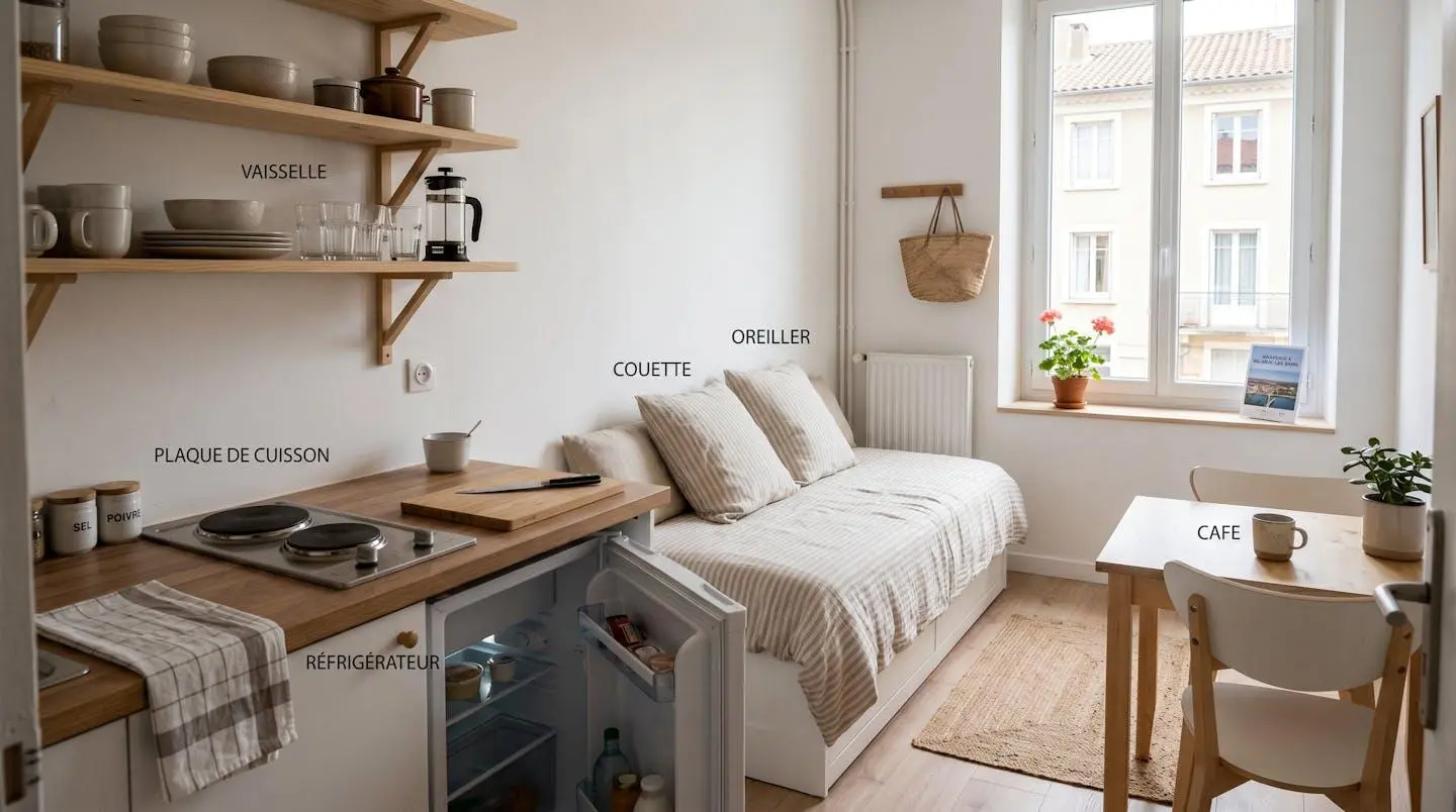 Intérieur d'un studio meublé de tourisme de 20 m² à Balaruc-les-Bains avec coin cuisine équipé, lit et table, décoration épurée tons clairs et lumière naturelle