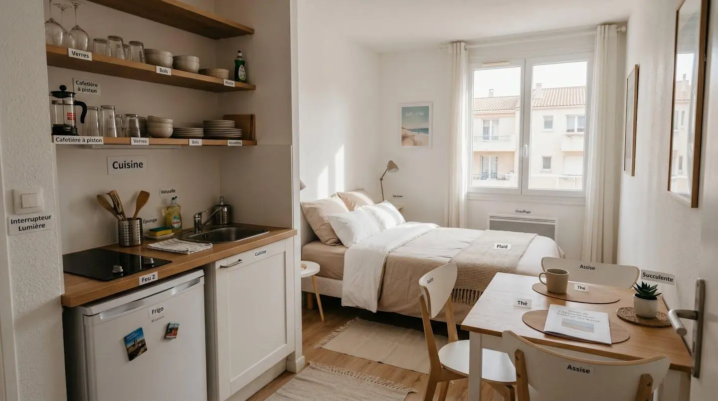 Intérieur d'un studio meublé de tourisme de 20 m² à Balaruc-les-Bains avec coin cuisine équipé, lit et table, décoration épurée tons clairs et lumière naturelle