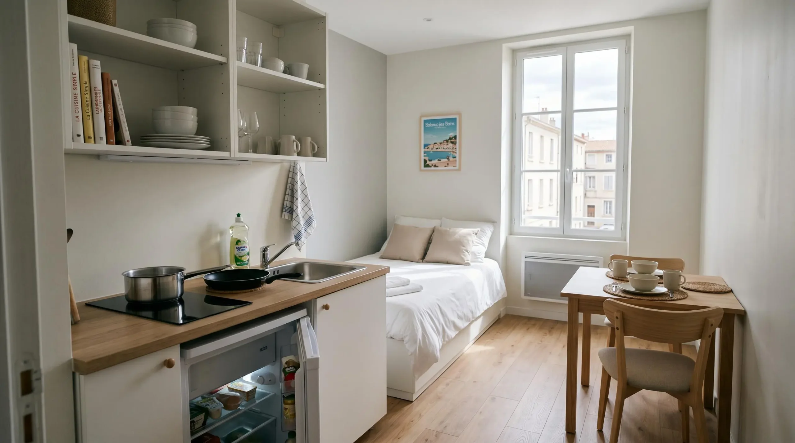 Intérieur d'un studio meublé de tourisme de 20 m² à Balaruc-les-Bains avec coin cuisine équipé, lit et table, décoration épurée tons clairs et lumière naturelle