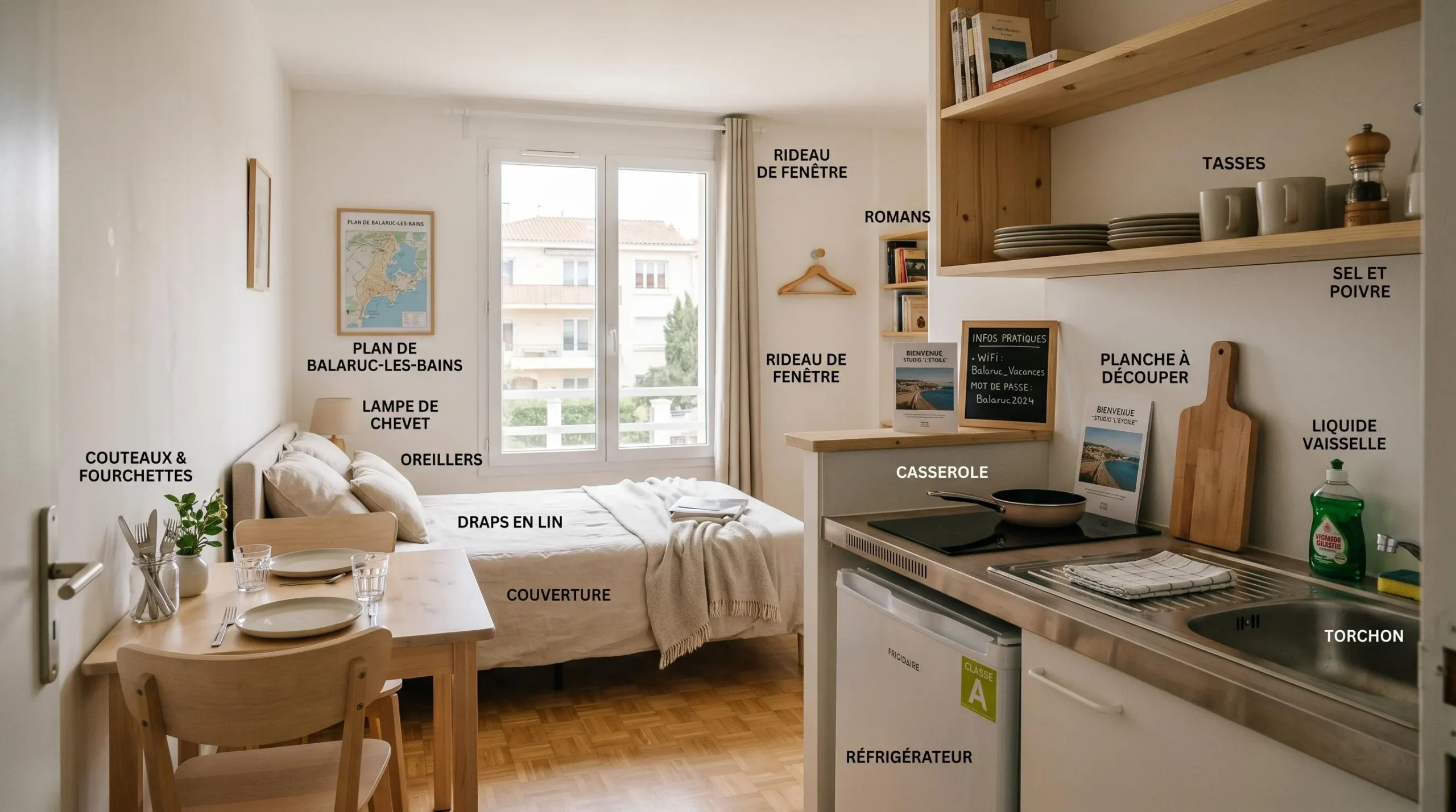 Intérieur d'un studio meublé de tourisme de 20 m² à Balaruc-les-Bains avec coin cuisine équipé, lit et table, décoration épurée tons clairs et lumière naturelle