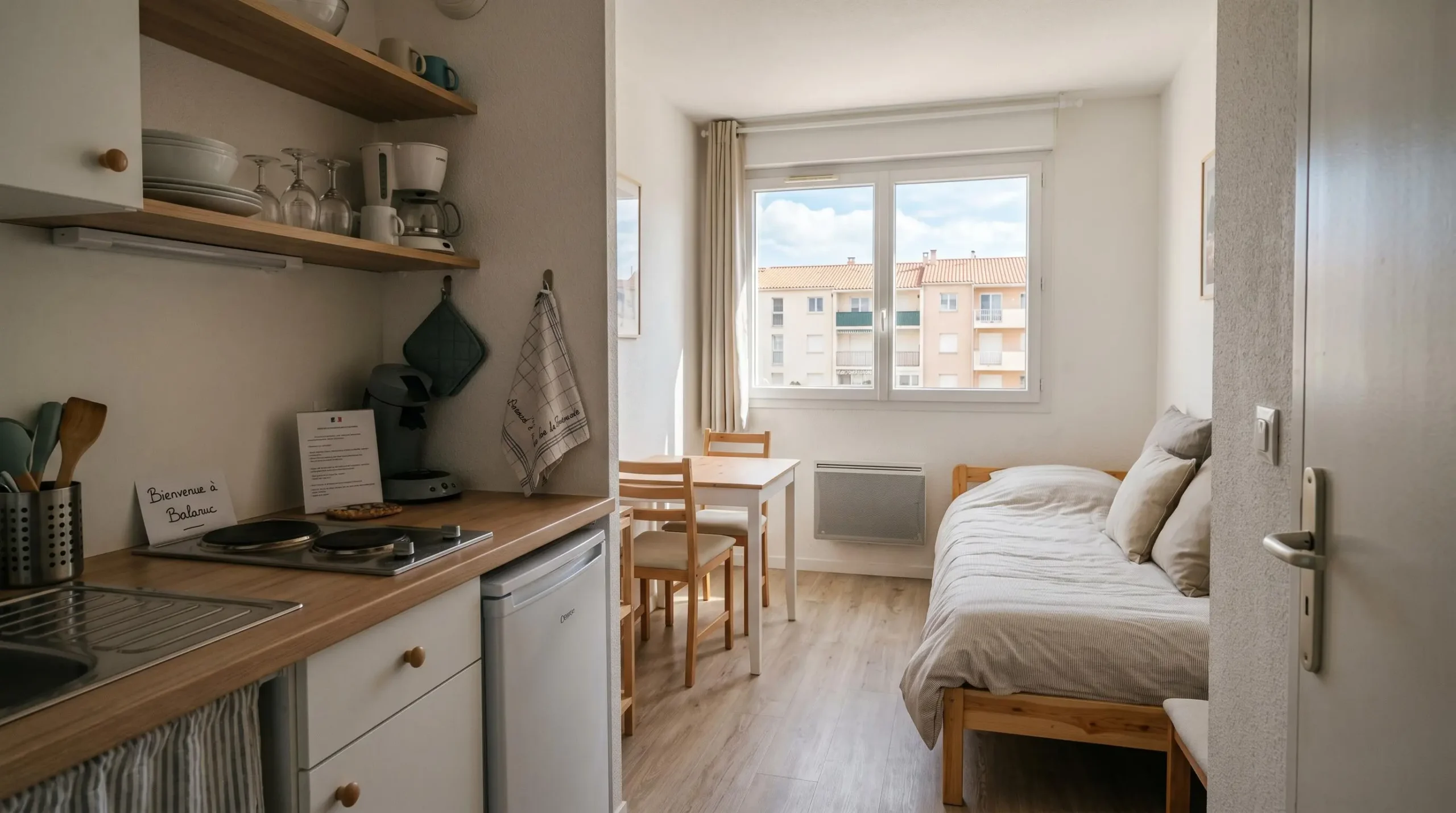 Intérieur d'un studio meublé de tourisme de 20 m² à Balaruc-les-Bains avec coin cuisine équipé, lit et table, décoration épurée tons clairs et lumière naturelle