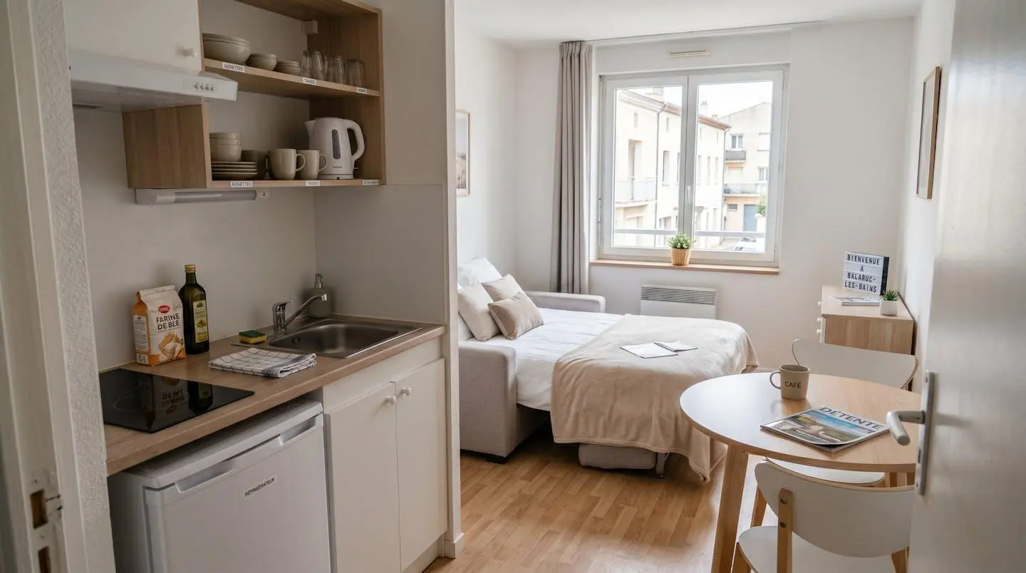 Intérieur d'un studio meublé de tourisme de 20 m² à Balaruc-les-Bains avec coin cuisine équipé, lit et table, décoration épurée tons clairs et lumière naturelle