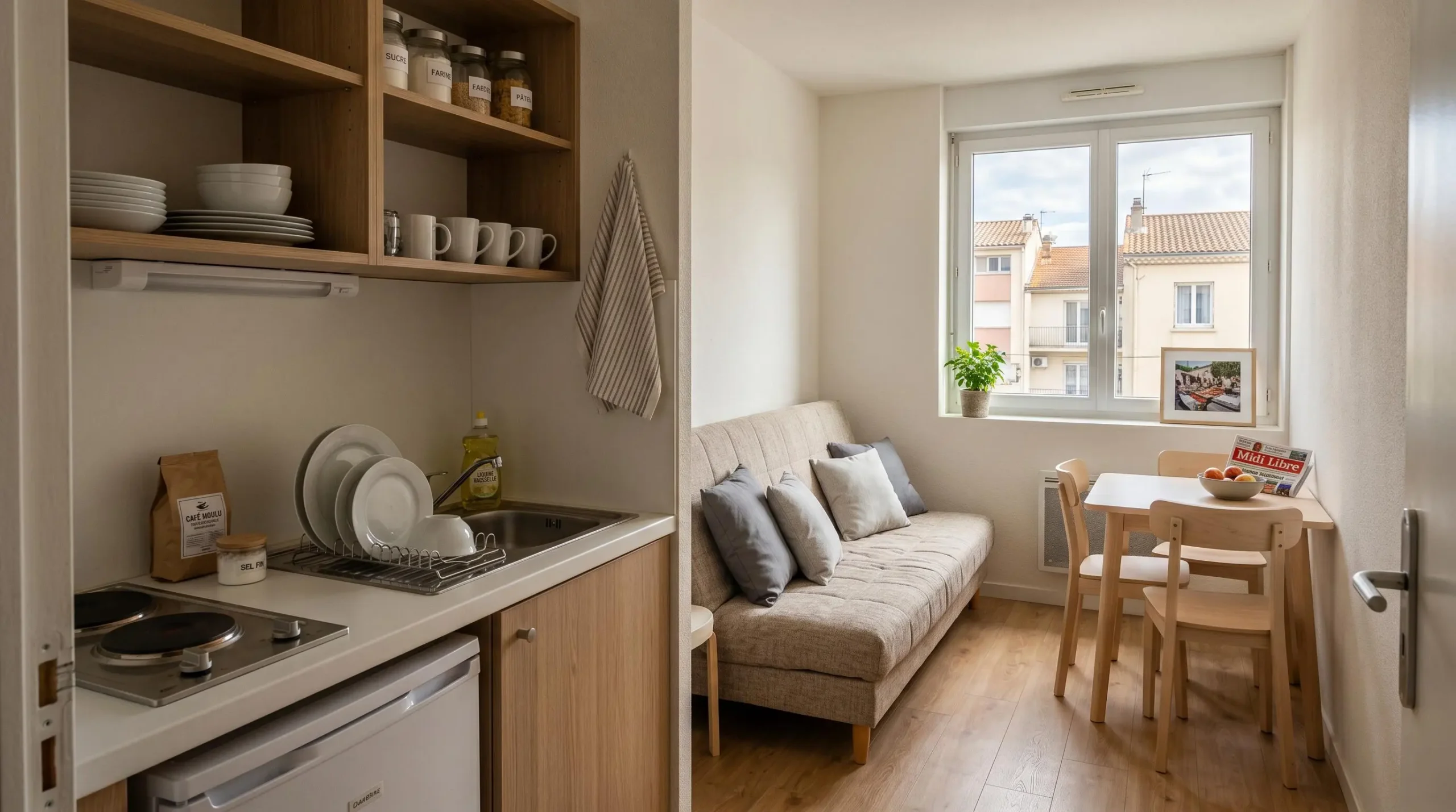 Intérieur d'un studio meublé de tourisme de 20 m² à Balaruc-les-Bains avec coin cuisine équipé, lit et table, décoration épurée tons clairs et lumière naturelle