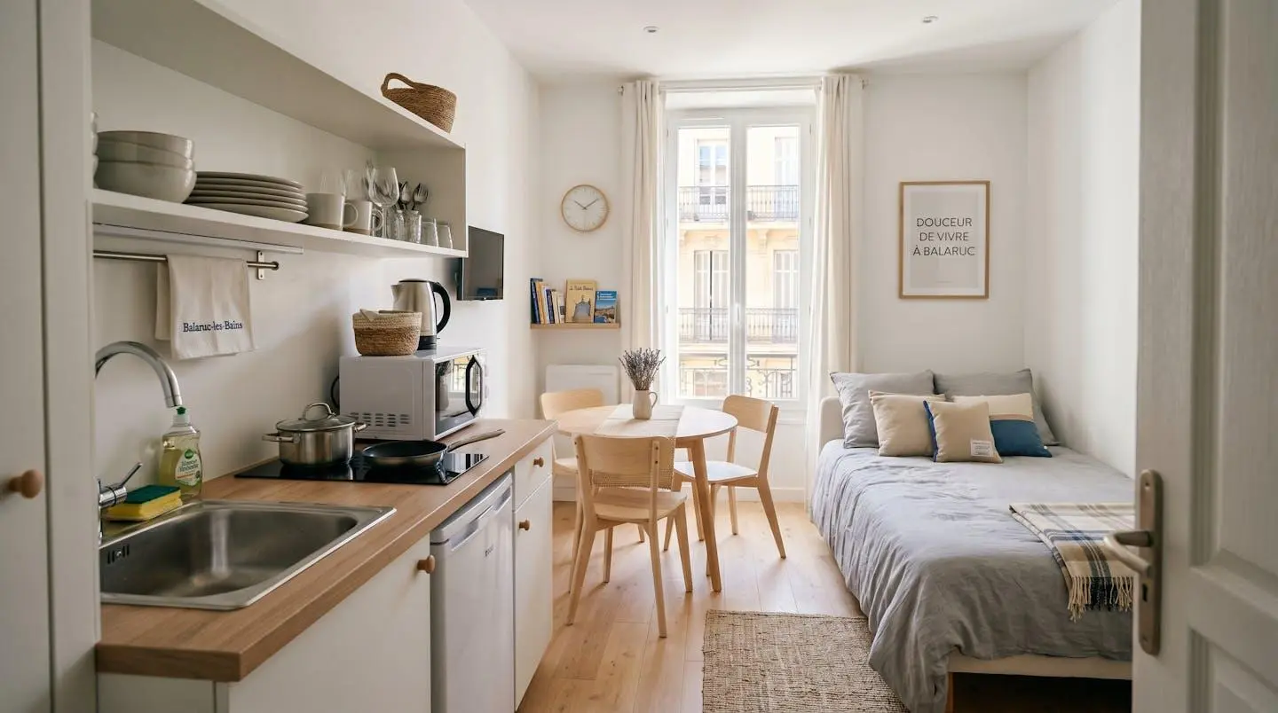 Intérieur d'un studio meublé de tourisme de 20 m² à Balaruc-les-Bains avec coin cuisine équipé, lit et table, décoration épurée tons clairs et lumière naturelle