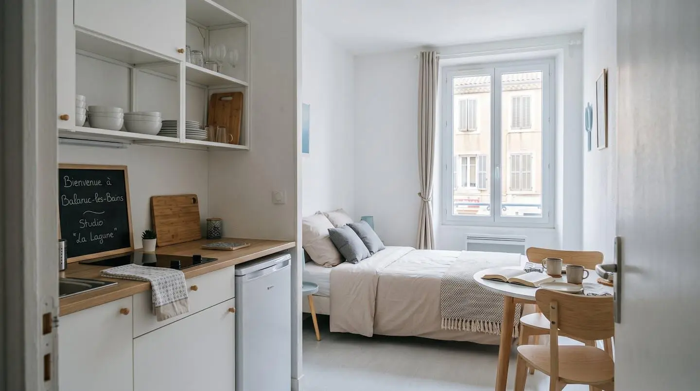 Intérieur d'un studio meublé de tourisme de 20 m² à Balaruc-les-Bains avec coin cuisine équipé, lit et table, décoration épurée tons clairs et lumière naturelle