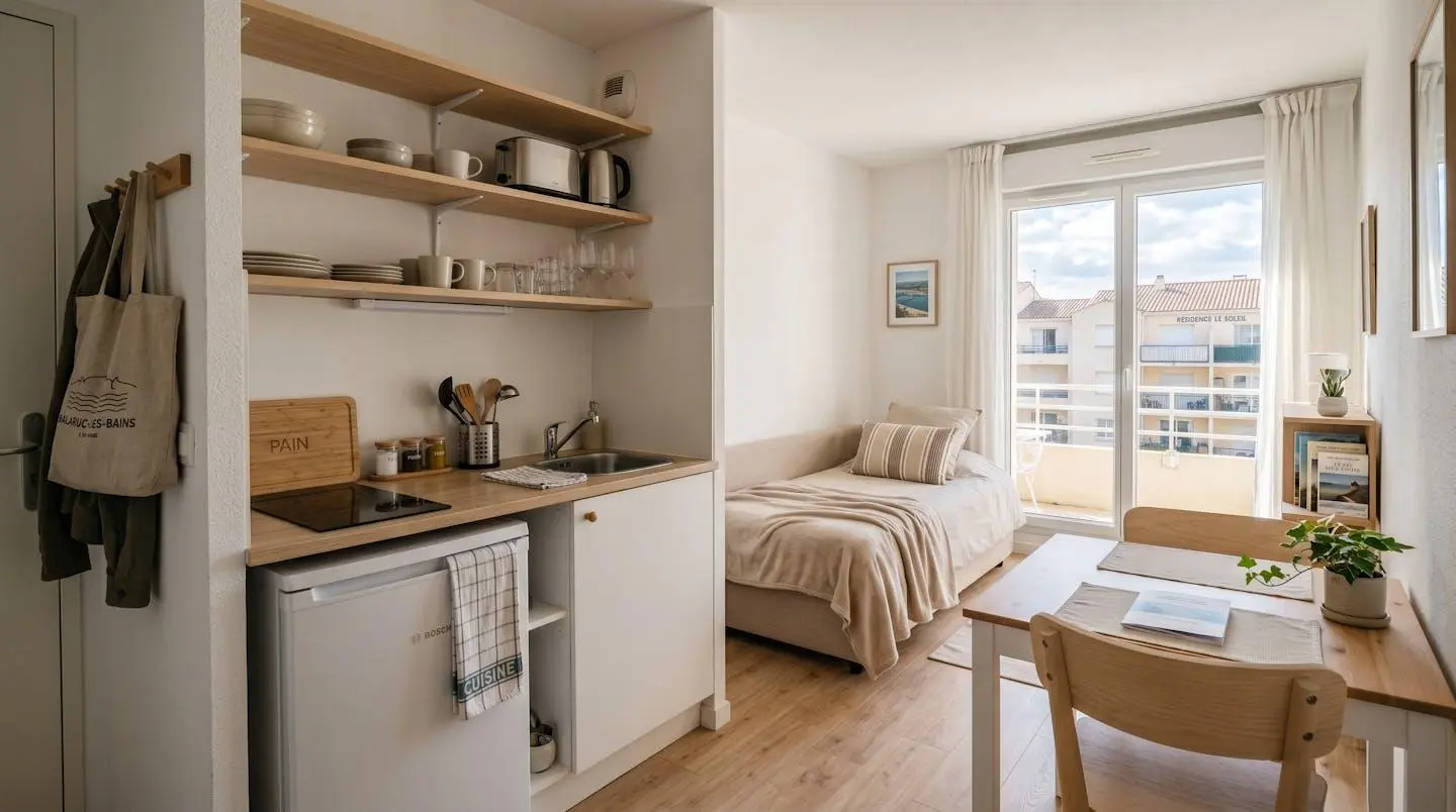 Intérieur d'un studio meublé de tourisme de 20 m² à Balaruc-les-Bains avec coin cuisine équipé, lit et table, décoration épurée tons clairs et lumière naturelle