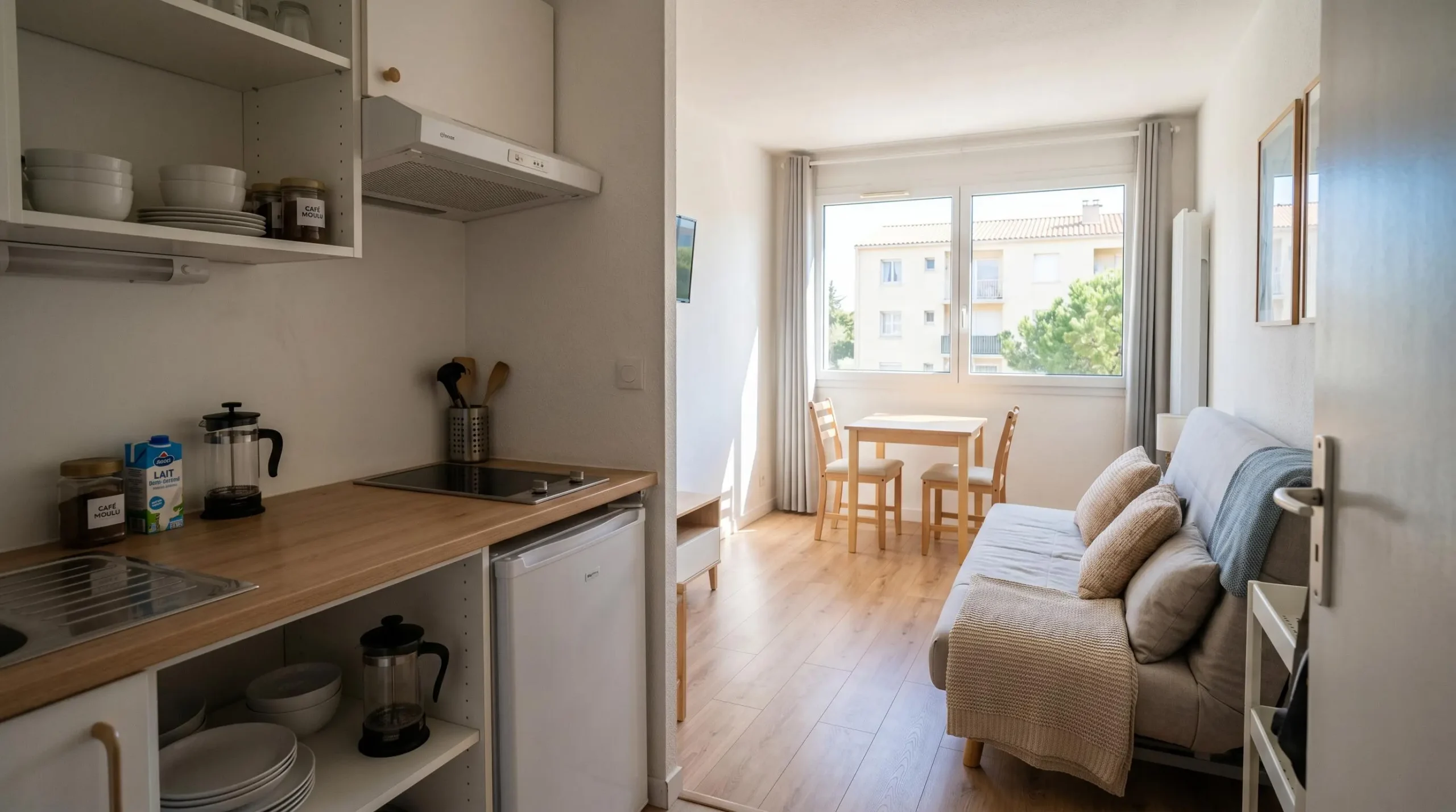Intérieur d'un studio meublé de tourisme de 20 m² à Balaruc-les-Bains avec coin cuisine équipé, lit et table, décoration épurée tons clairs et lumière naturelle