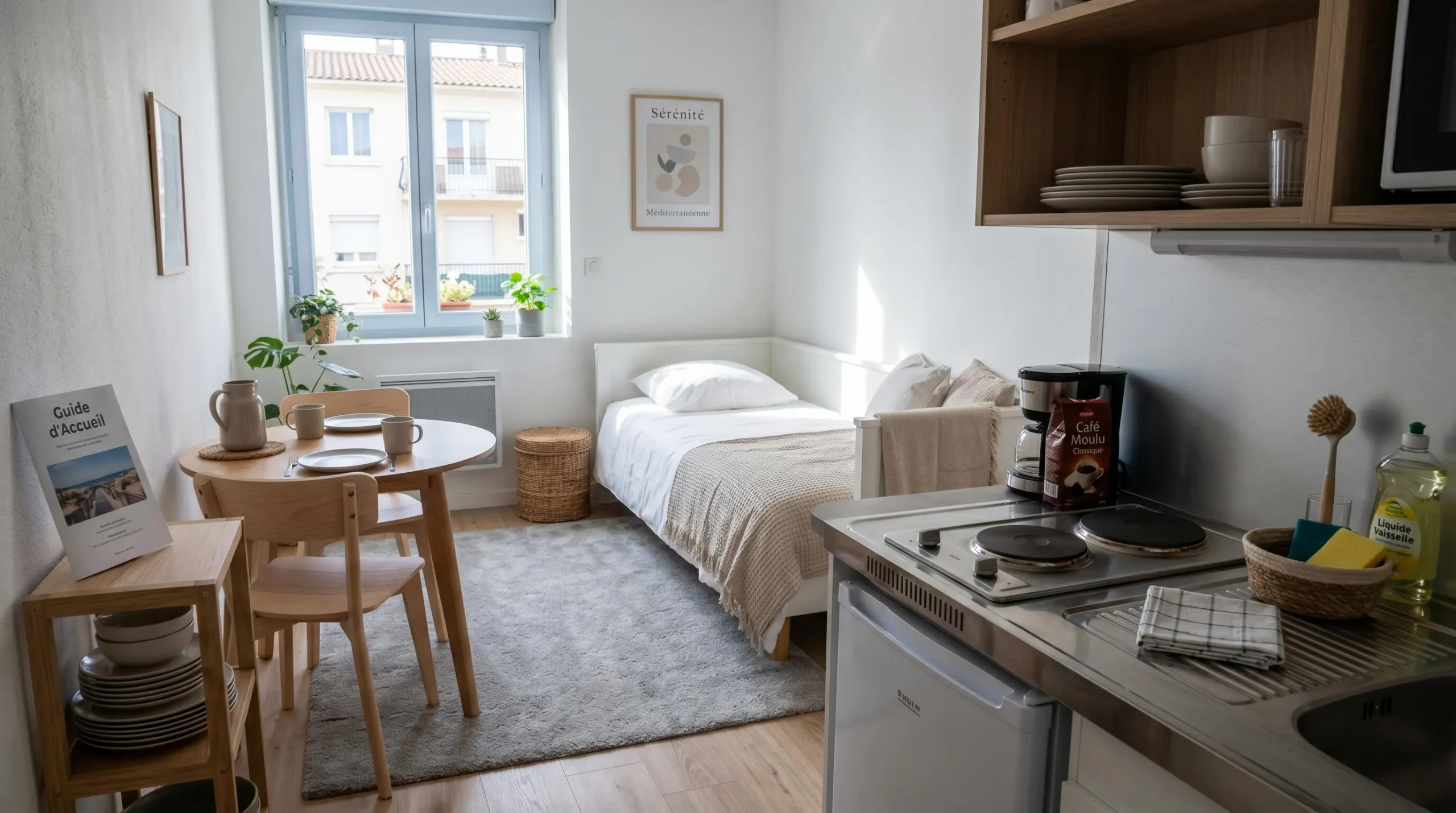 Intérieur d'un studio meublé de tourisme de 20 m² à Balaruc-les-Bains avec coin cuisine équipé, lit et table, décoration épurée tons clairs et lumière naturelle