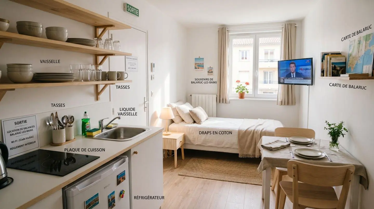 Intérieur d'un studio meublé de tourisme de 20 m² à Balaruc-les-Bains avec coin cuisine équipé, lit et table, décoration épurée tons clairs et lumière naturelle