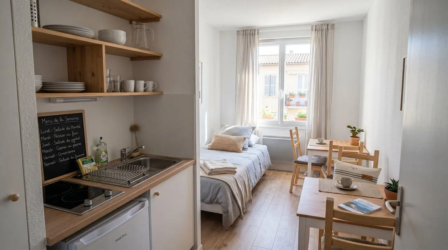 Intérieur d'un studio meublé de tourisme de 20 m² à Balaruc-les-Bains avec coin cuisine équipé, lit et table, décoration épurée tons clairs et lumière naturelle
