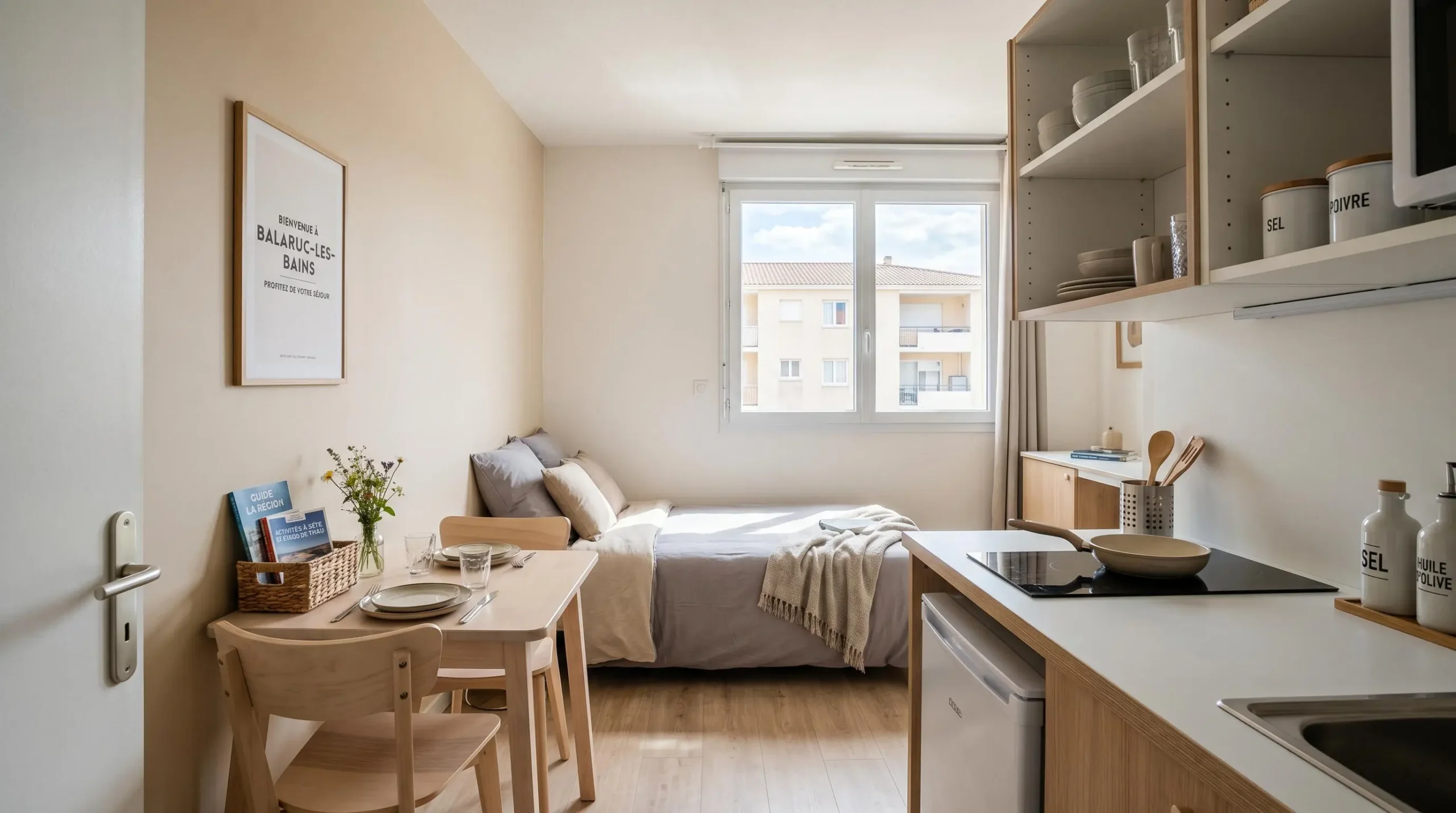Intérieur d'un studio meublé de tourisme de 20 m² à Balaruc-les-Bains avec coin cuisine équipé, lit et table, décoration épurée tons clairs et lumière naturelle