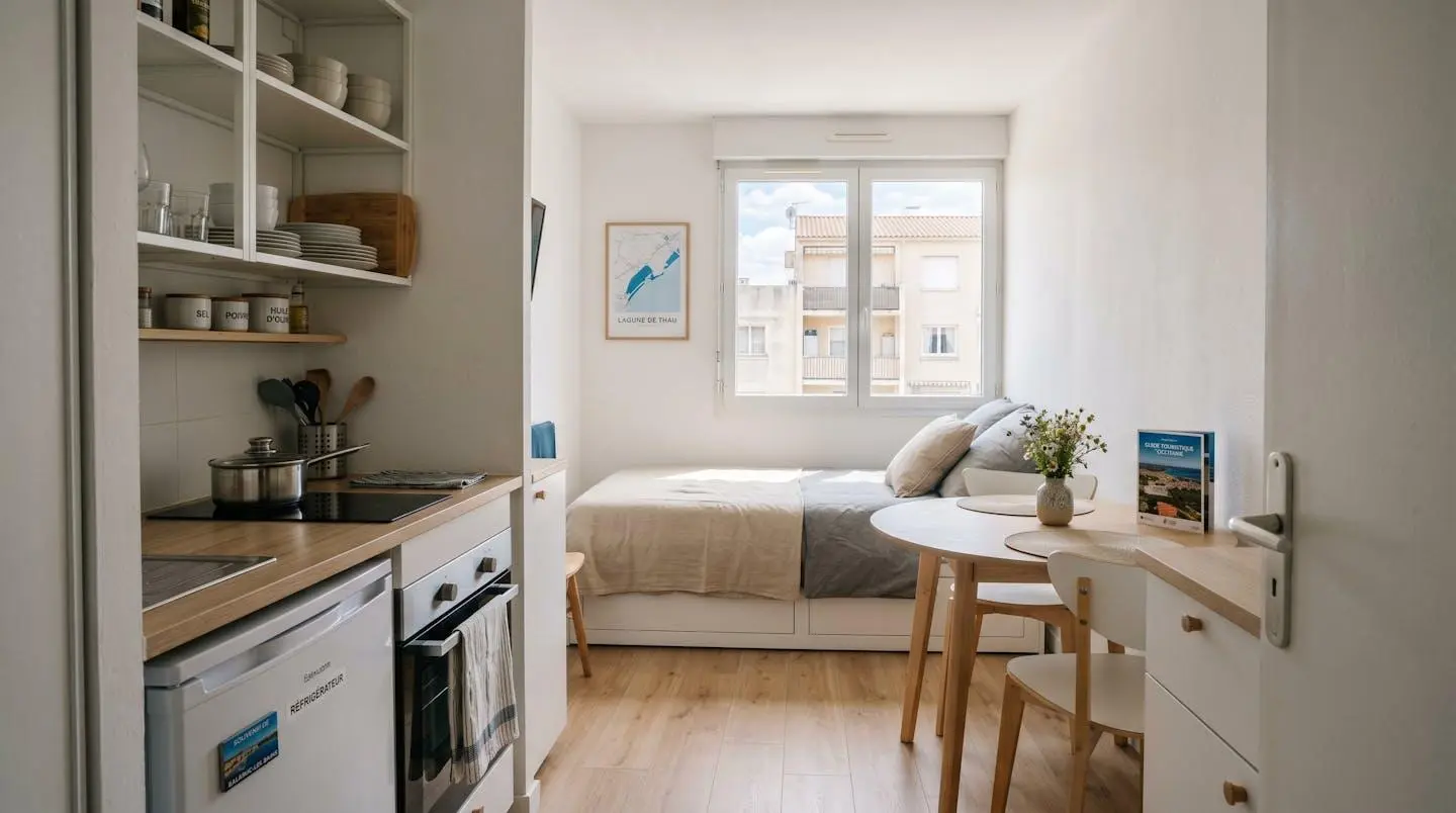 Intérieur d'un studio meublé de tourisme de 20 m² à Balaruc-les-Bains avec coin cuisine équipé, lit et table, décoration épurée tons clairs et lumière naturelle
