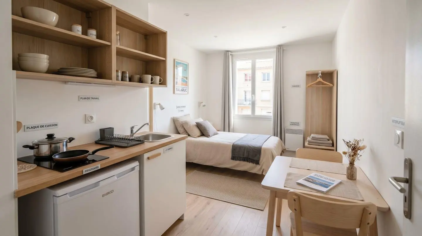 Intérieur d'un studio meublé de tourisme de 20 m² à Balaruc-les-Bains avec coin cuisine équipé, lit et table, décoration épurée tons clairs et lumière naturelle