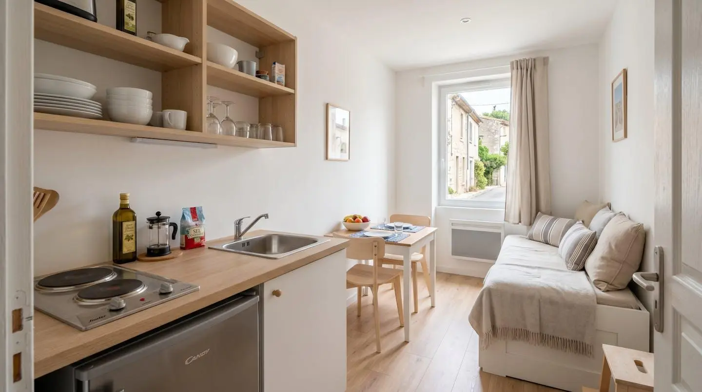 Intérieur d'un studio meublé de tourisme de 20 m² à Balaruc-les-Bains avec coin cuisine équipé, lit et table, décoration épurée tons clairs et lumière naturelle