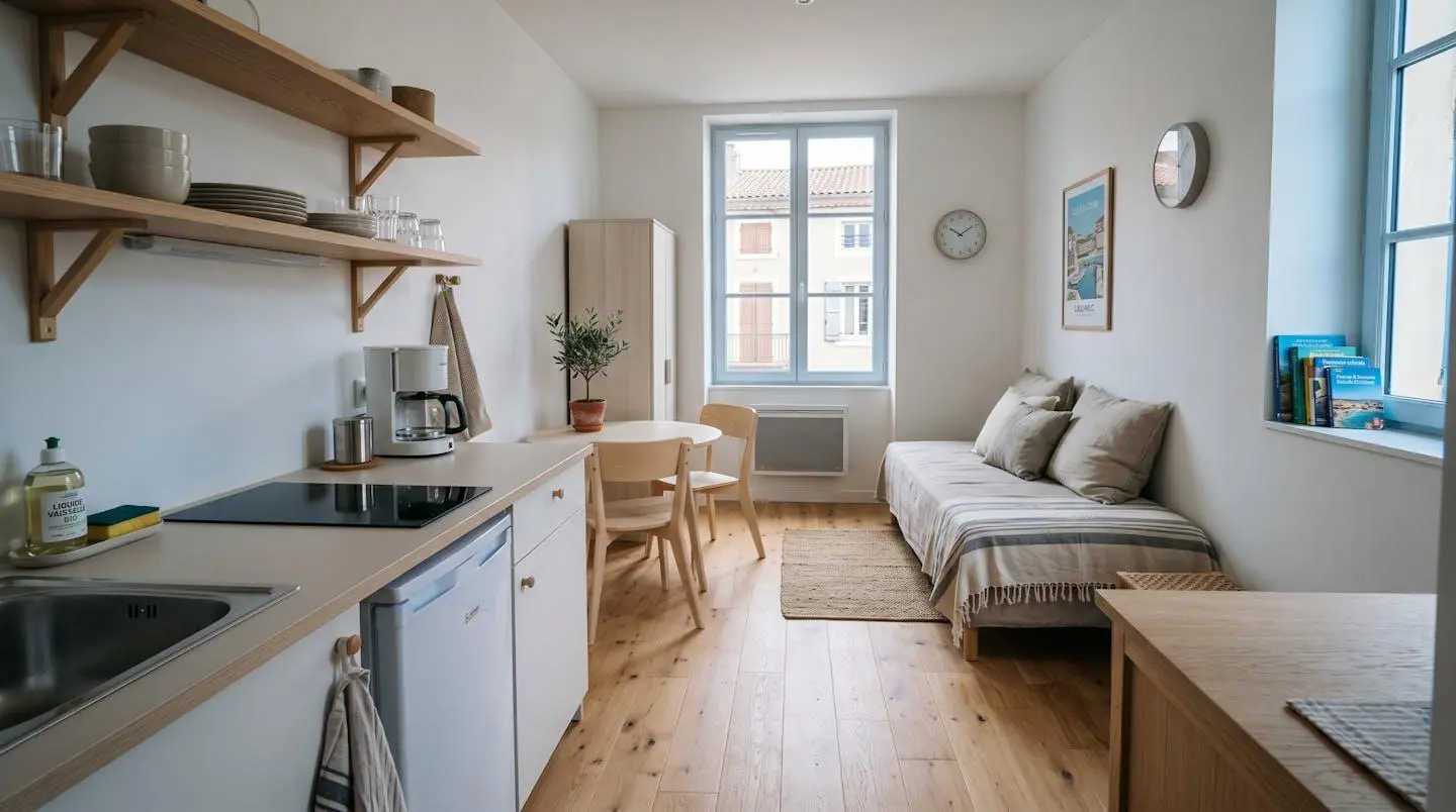 Intérieur d'un studio meublé de tourisme de 20 m² à Balaruc-les-Bains avec coin cuisine équipé, lit et table, décoration épurée tons clairs et lumière naturelle
