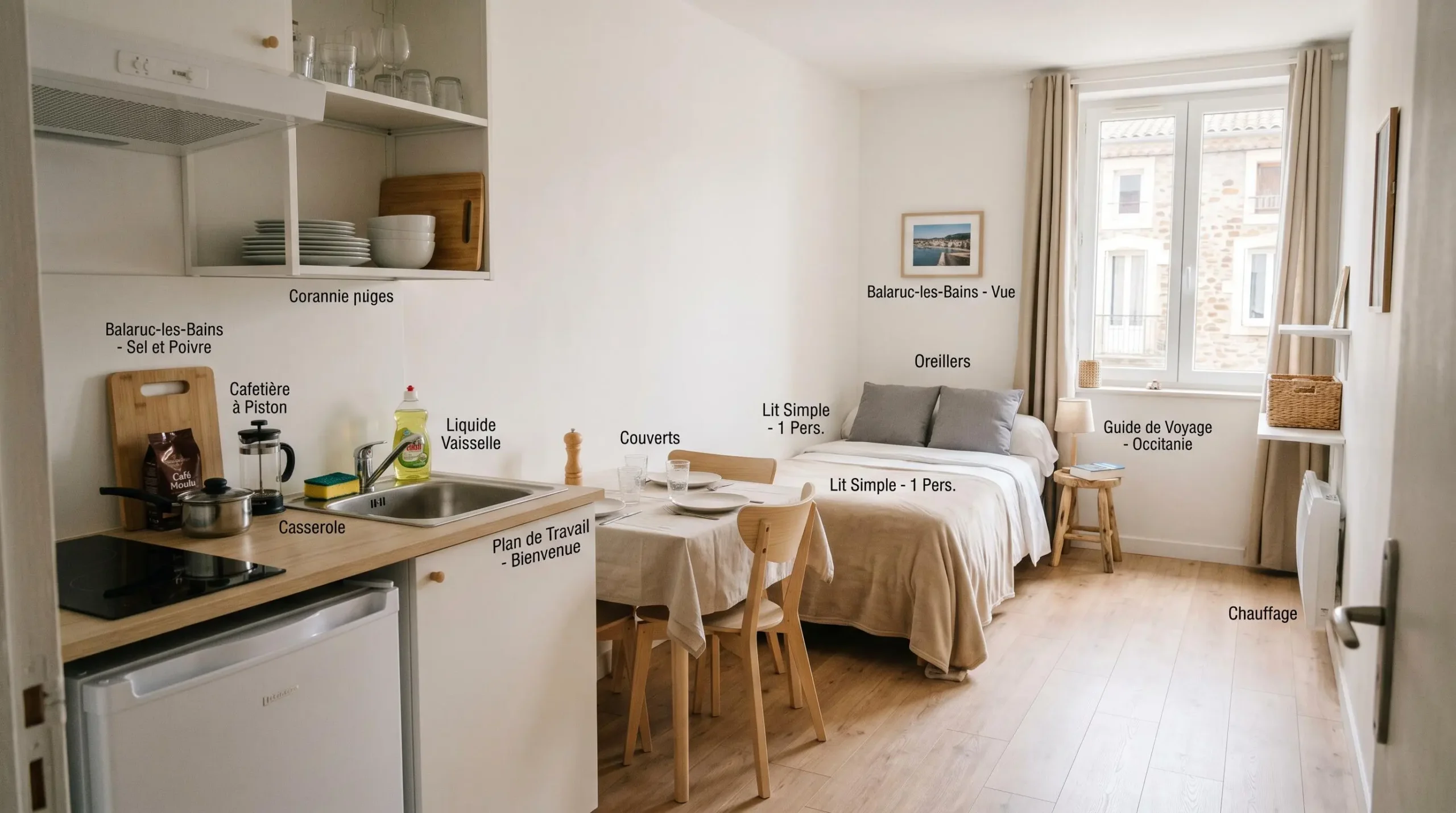 Intérieur d'un studio meublé de tourisme de 20 m² à Balaruc-les-Bains avec coin cuisine équipé, lit et table, décoration épurée tons clairs et lumière naturelle