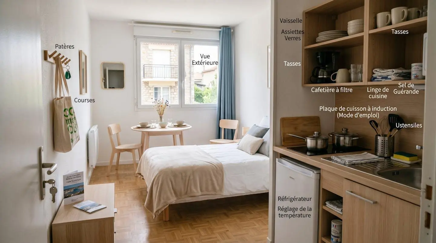 Intérieur d'un studio meublé de tourisme de 20 m² à Balaruc-les-Bains avec coin cuisine équipé, lit et table, décoration épurée tons clairs et lumière naturelle