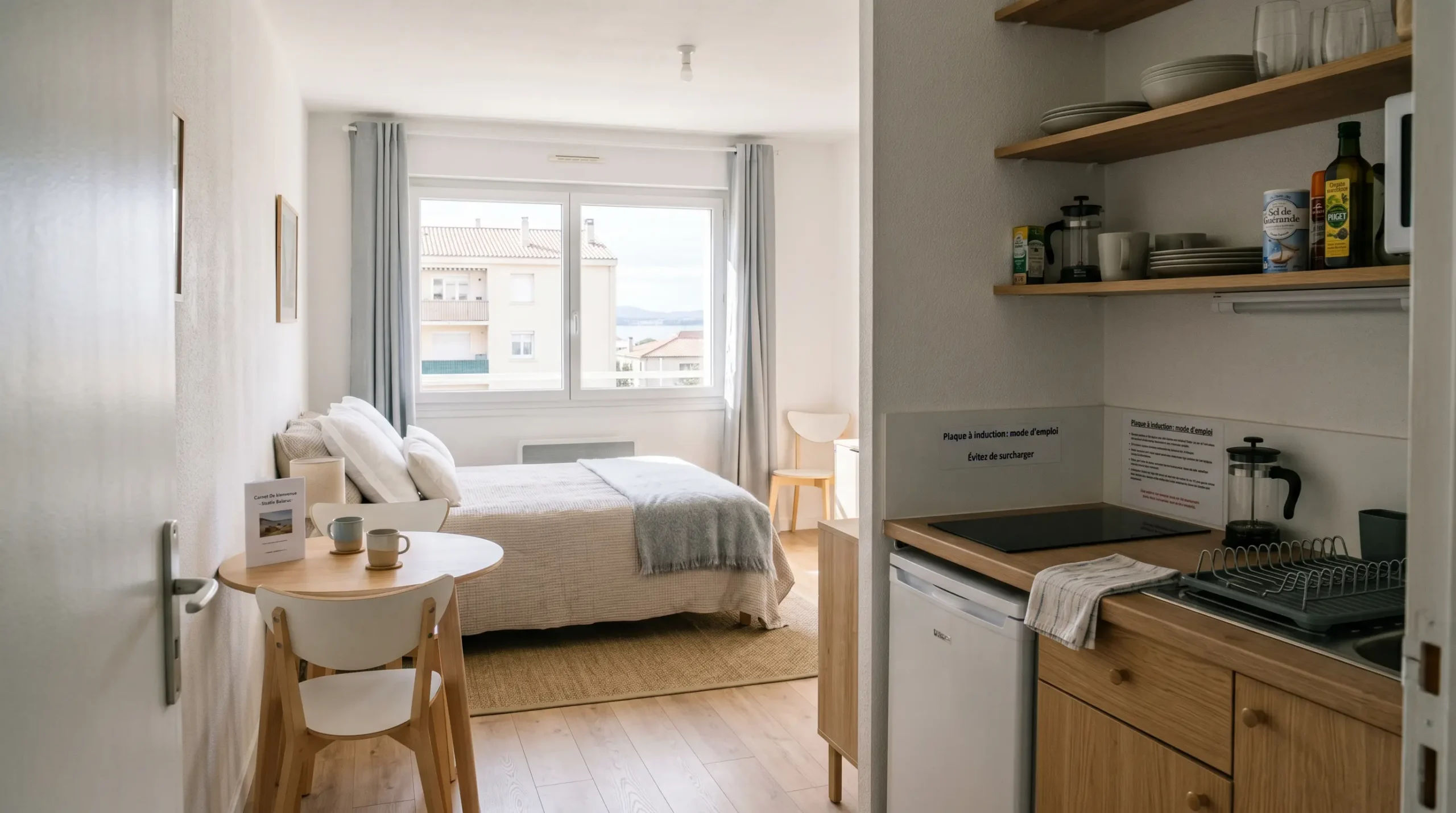 Intérieur d'un studio meublé de tourisme de 20 m² à Balaruc-les-Bains avec coin cuisine équipé, lit et table, décoration épurée tons clairs et lumière naturelle