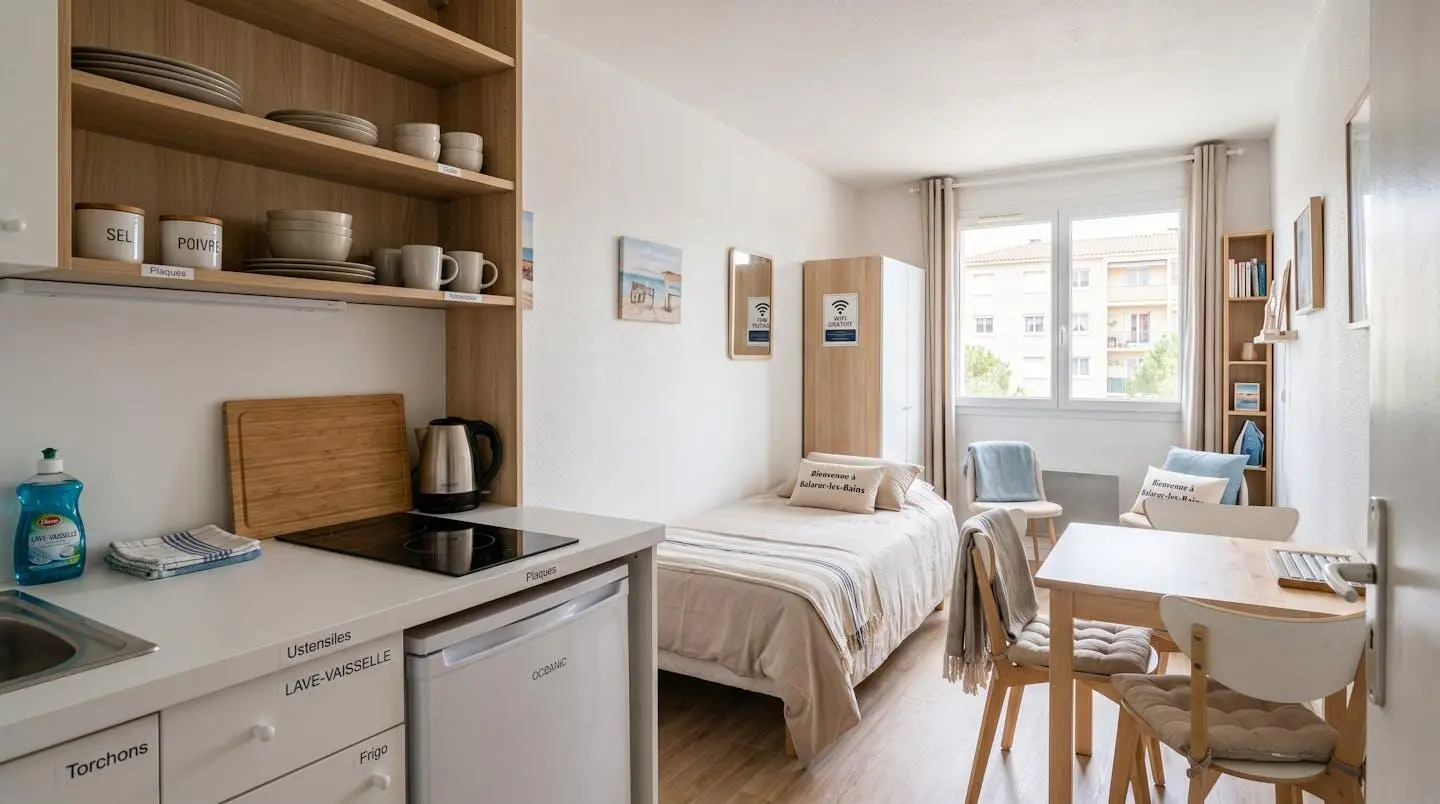 Intérieur d'un studio meublé de tourisme de 20 m² à Balaruc-les-Bains avec coin cuisine équipé, lit et table, décoration épurée tons clairs et lumière naturelle